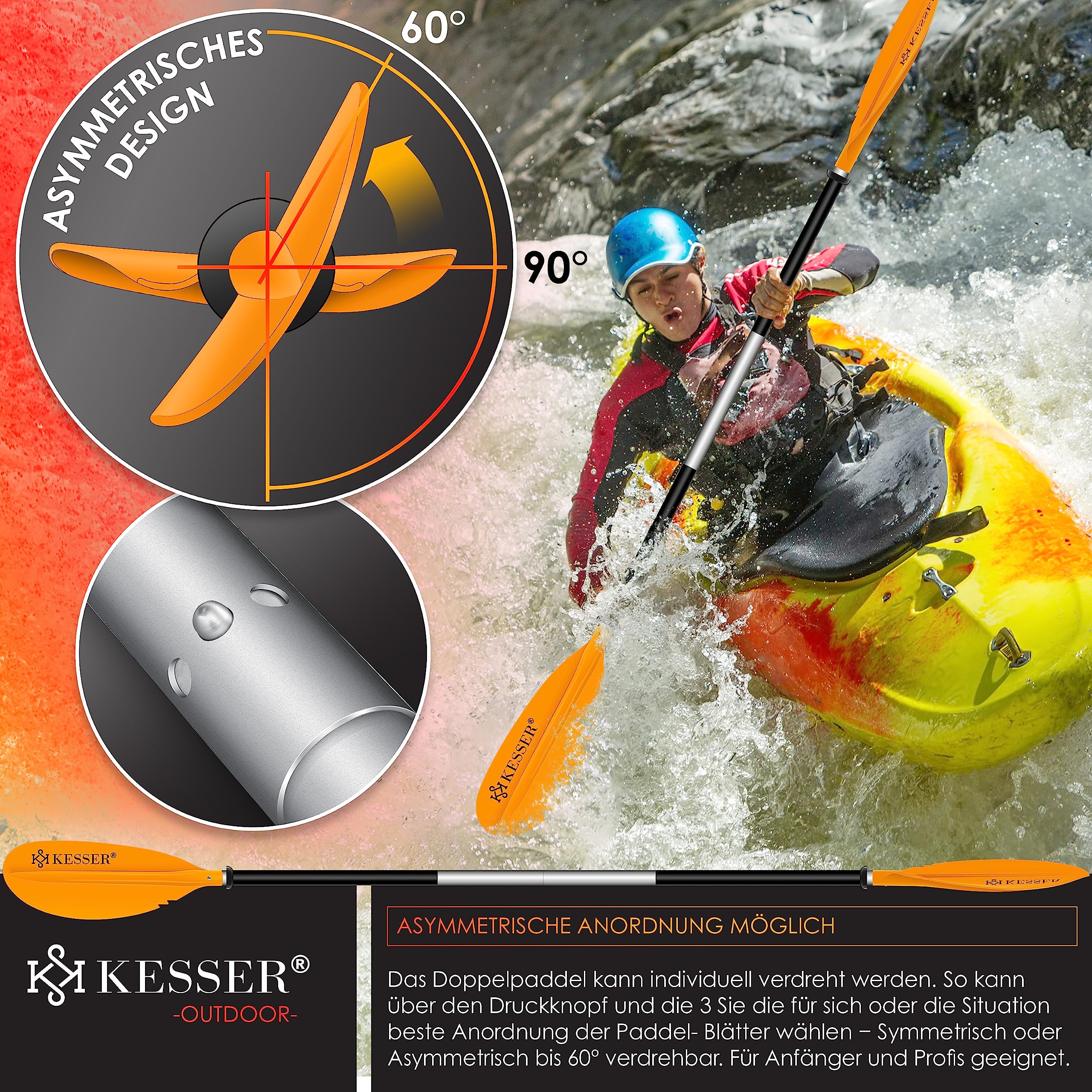 Pagaie Double SUP/Kayak 228cm KESSER - Aluminium Léger, Pales En PP/fibre, Réglable