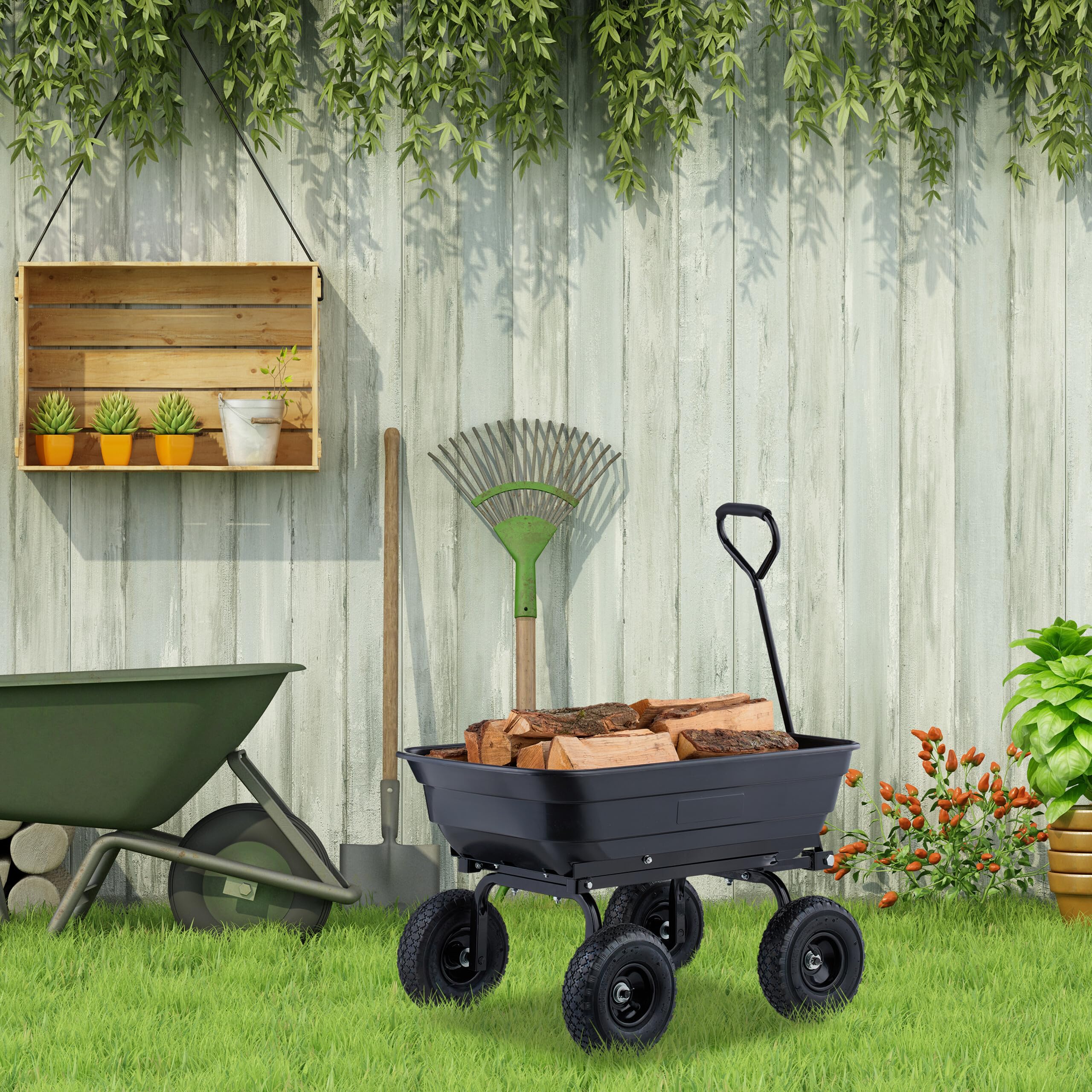 Relaxdays Gartenwagen, mit Kippfunktion, Gartenabfälle, 4 Luftreifen 3.50-4, bis 250 kg, Handwagen zum Ziehen, schwarz