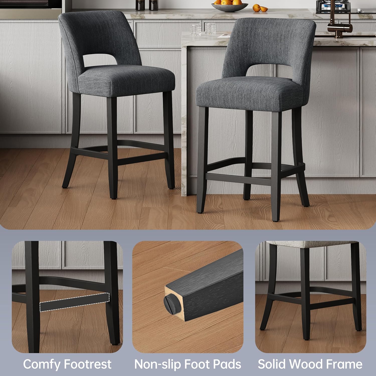keoni 26'' Counter Height Bar Stools Set of 4, Upholstered Bar Stools with Black Wood Legs, Modern Counter Stools with Back for Kitchen Island and Bar, Dark Gray