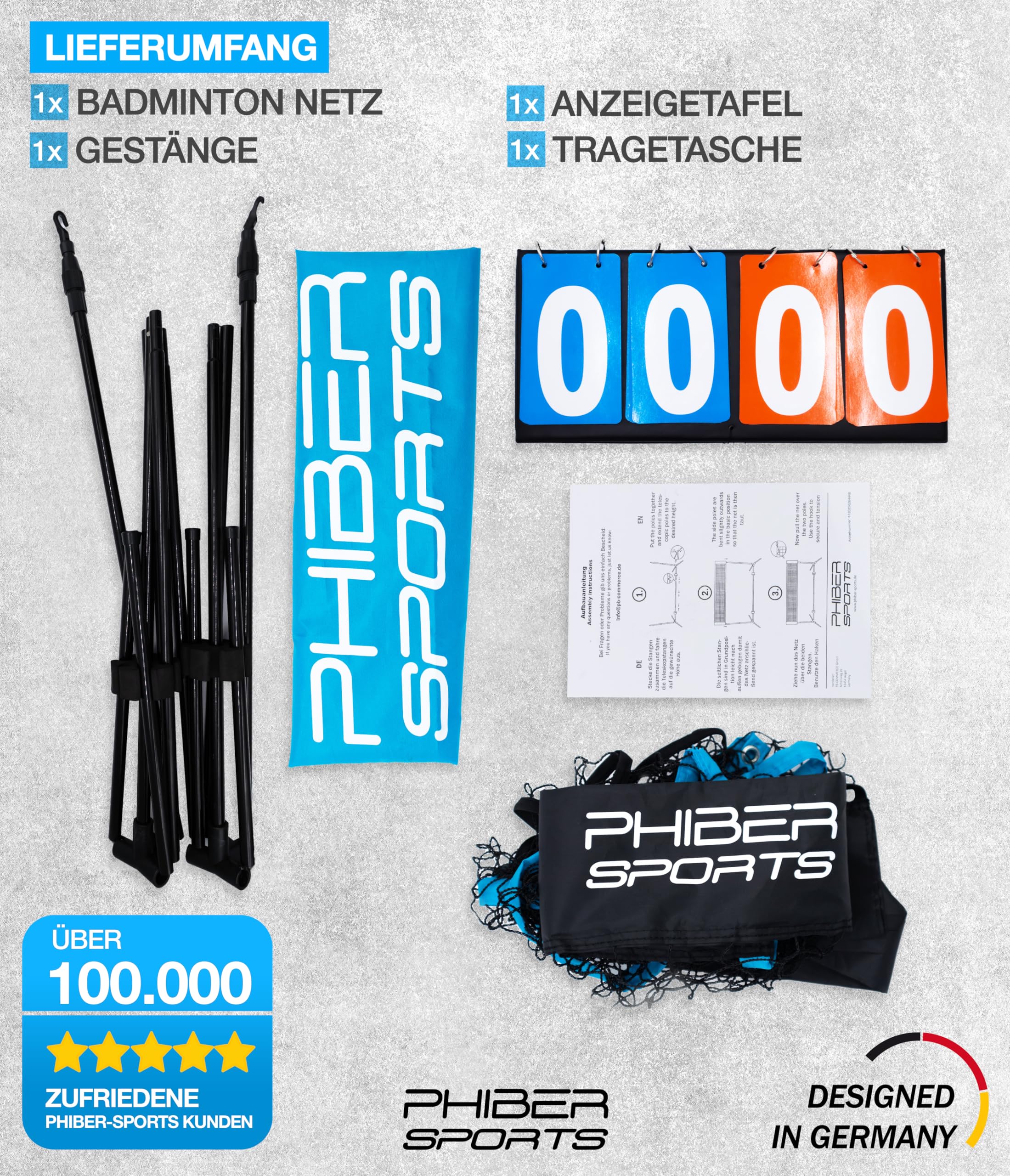 PHIBER-SPORTS Badmintonnetz, Federballnetz – 420cm, 3-Fach Höhenverstellbar + Anzeigetafel – Auch als Tennisnetz, Volleyballnetz Pool, Fussballtennis – Inkl. Transporttasche, für Indoor & Outdoor