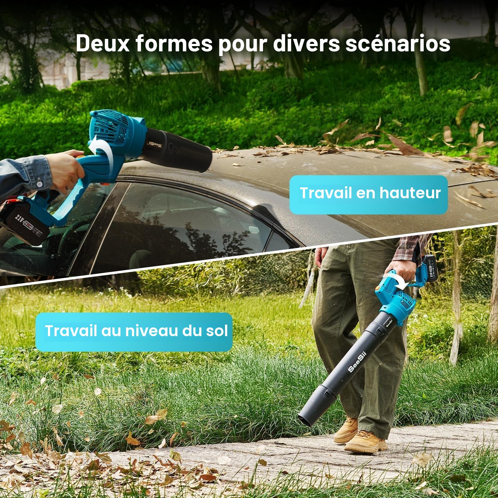 SEESII Souffleur à feuilles sans fil avec 2 batteries de 4,0 Ah et chargeur, 5 niveaux de rotation, souffleur électrique d'extérieur pour jardinage, nettoyage des feuilles, léger pour cour, terrasse