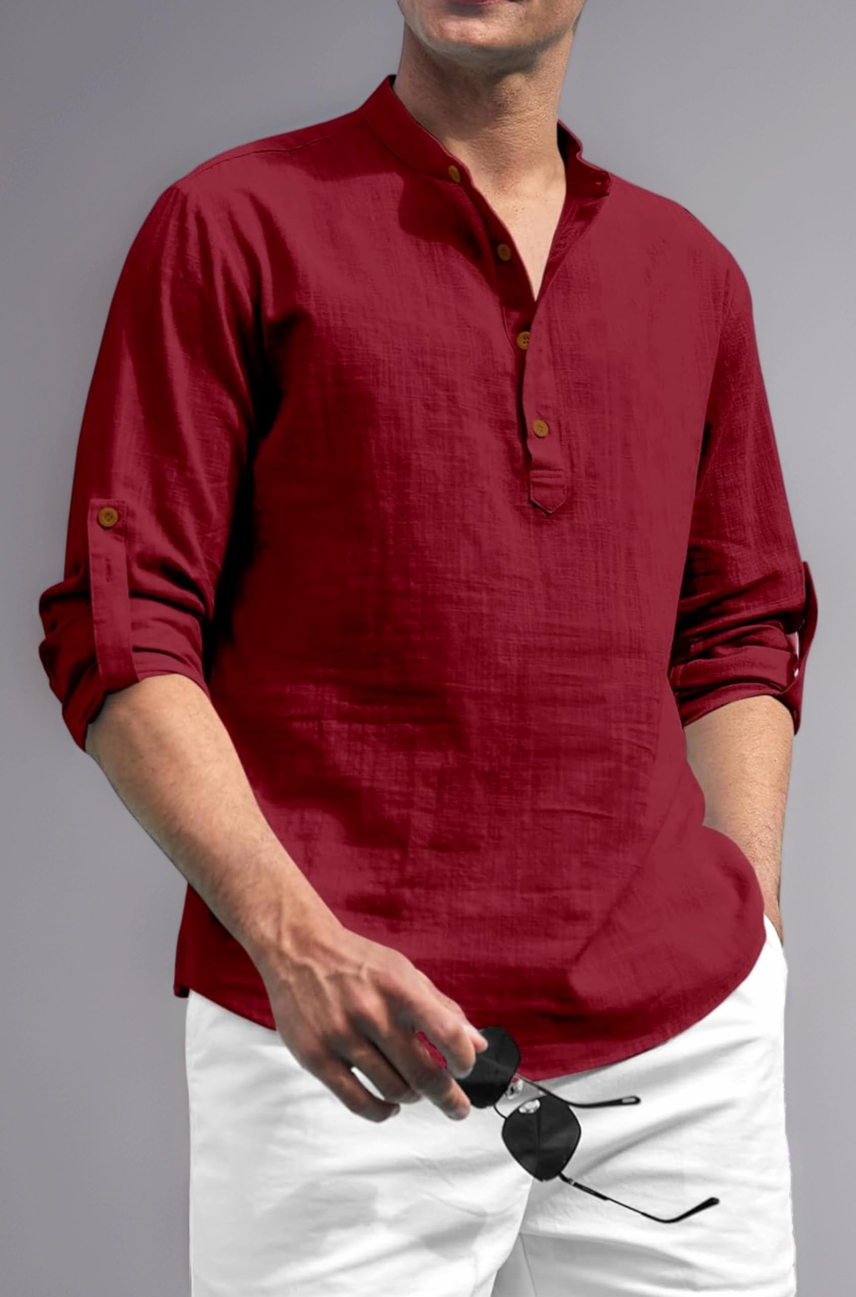 Zombom Cotton Polyester Blend Solid Casual Regular Fit Mandarin/Chinese Collor Short Kurta for Men