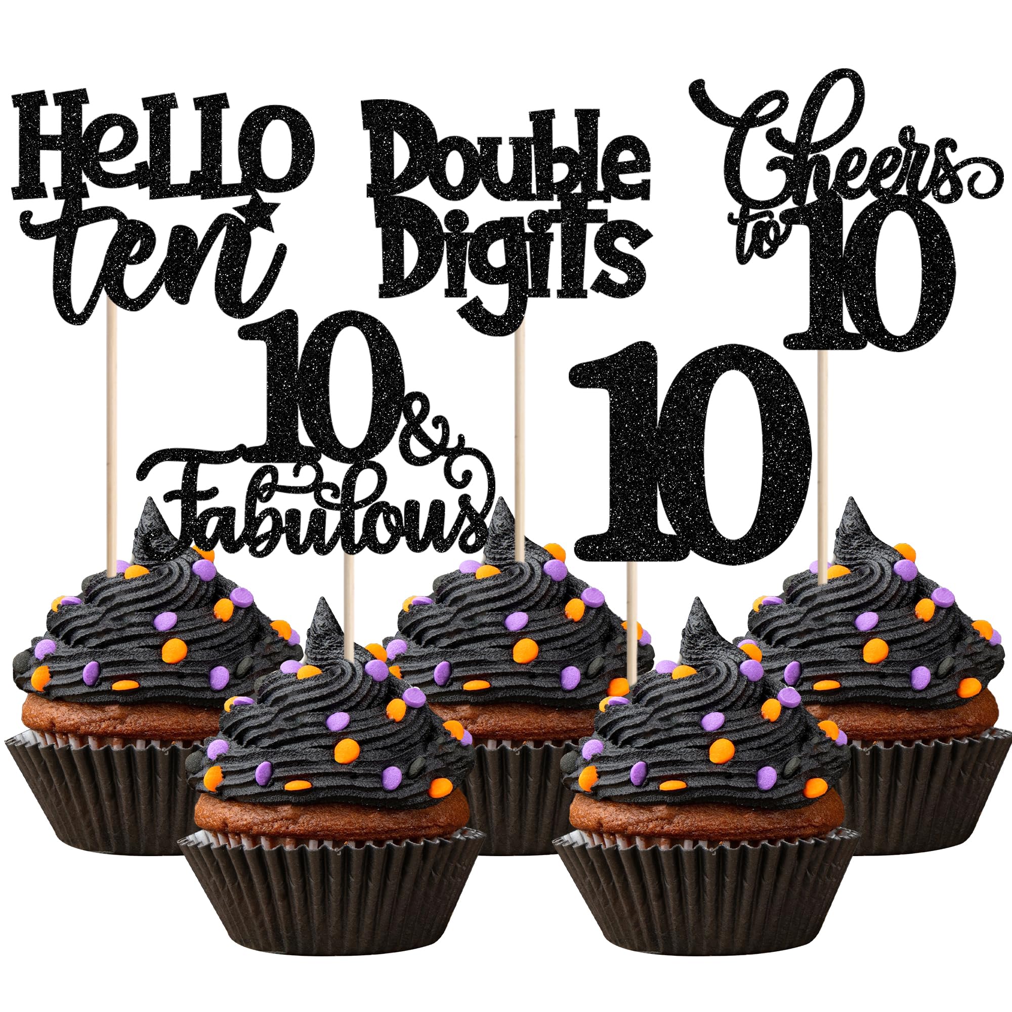 SYKYCTCY 30 Pack Happy 10th Birthday Cupcake Toppers Ten Double Dights Cupcake Picks 10 Fabulous Cupcake Decorations for 10th Birthday Anniversary Party Supplies Black