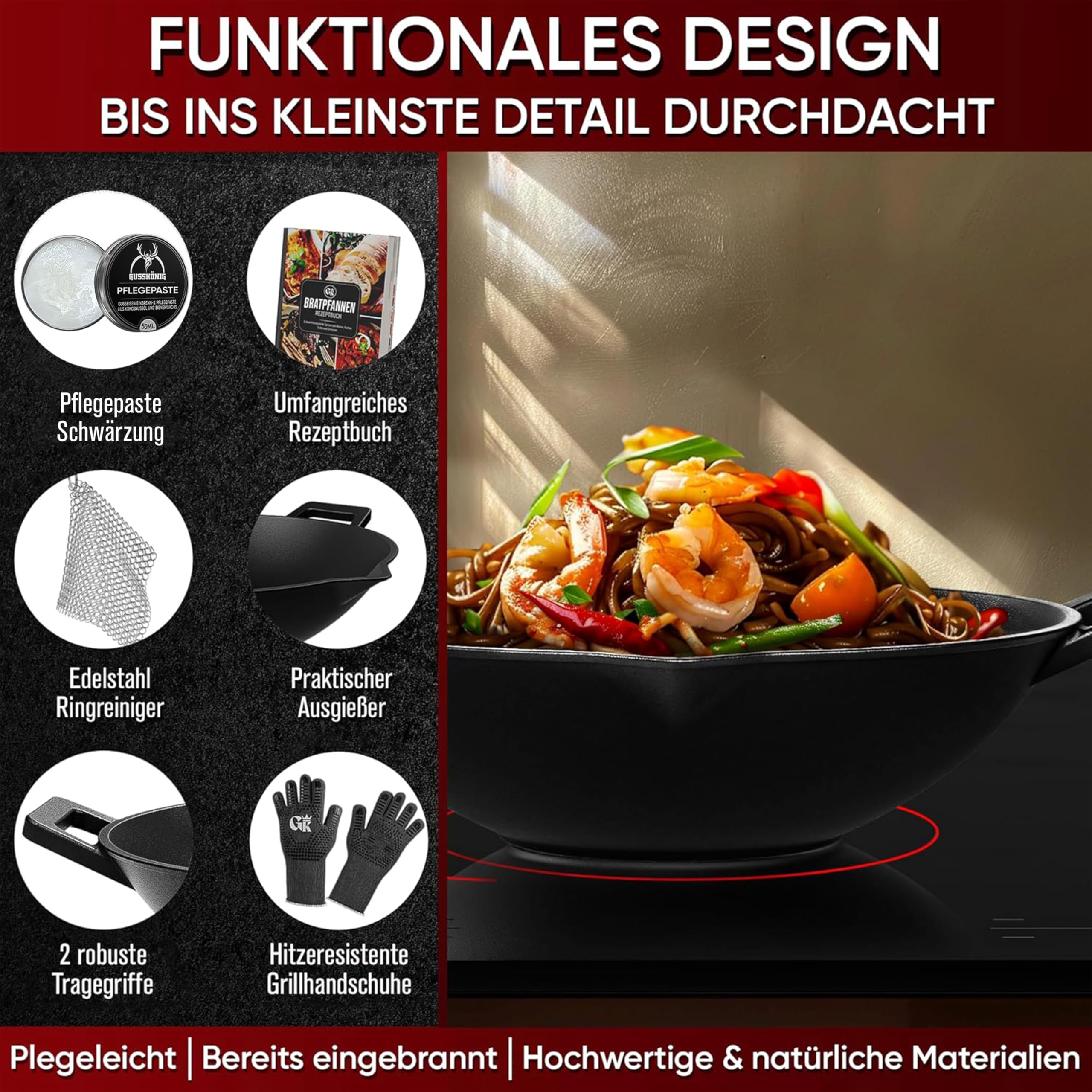 GUSSKÖNIG Gusseisen Wok Pfanne - 35 cm robuste Wokpfanne für Gasgrill, Herd, Ofen und Lagerfeuer- Gusseisen Wokpfanne inkl. Pflegepaste, Ringreiniger, Grillhandschuhe & Rezeptbuch - 30 Jahre Garantie