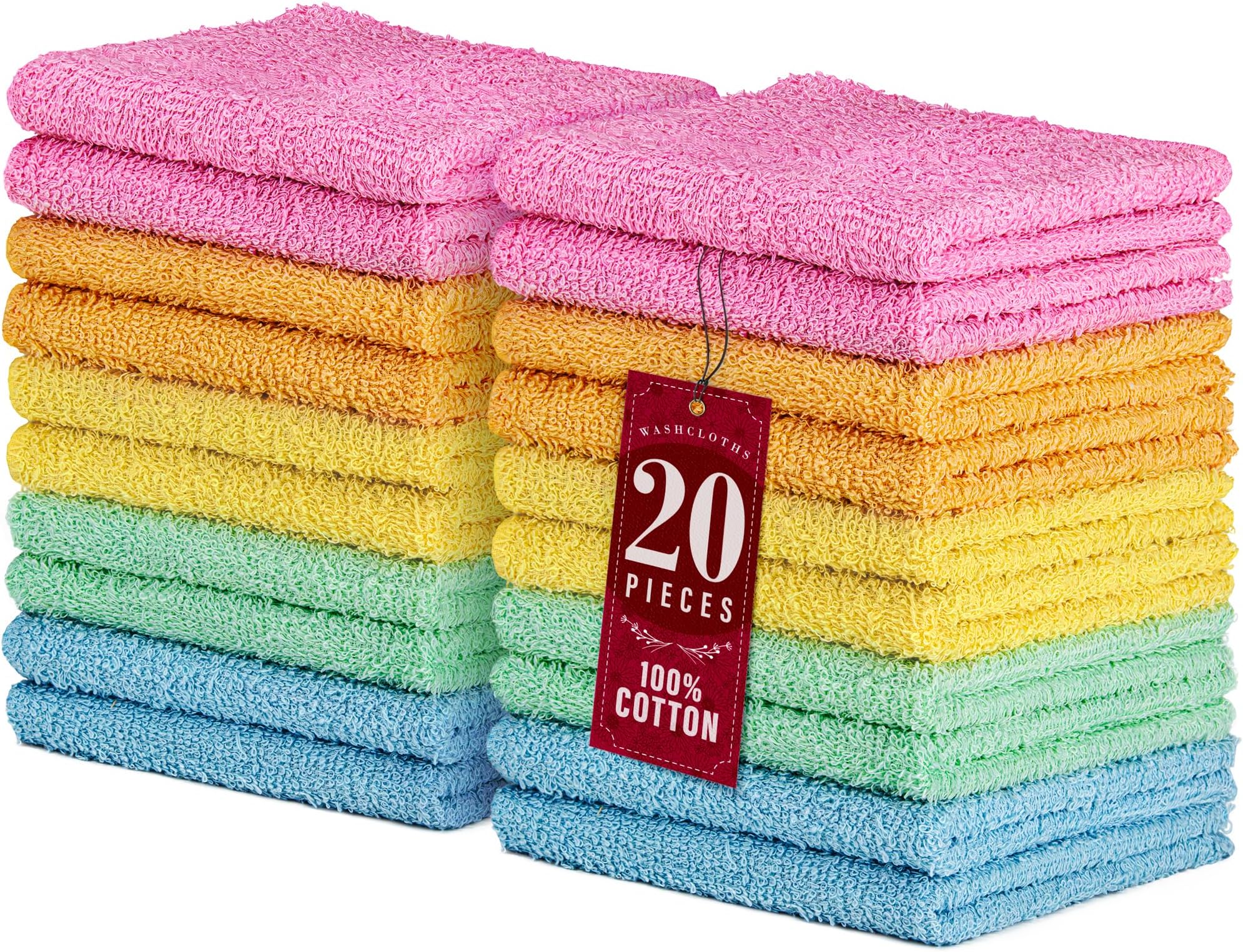 DecorRack 10 Pack 100% Cotton Wash Cloth, Luxurious Soft, 12 x 12 inch Ultra Absorbent, Machine Washable Washcloths, Assorted Colors (10 Pack)