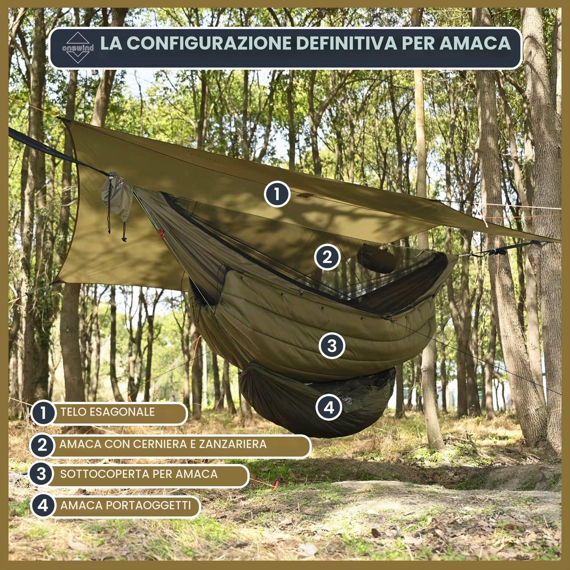 Onewind Amaca da campeggio con zanzariera da 12 m, con ridgeline UHMWPE regolabile, leggera amaca doppia portatile con cinghie per alberi da 3.7 m, ideale per campeggio, zaino in spalla, verde OD