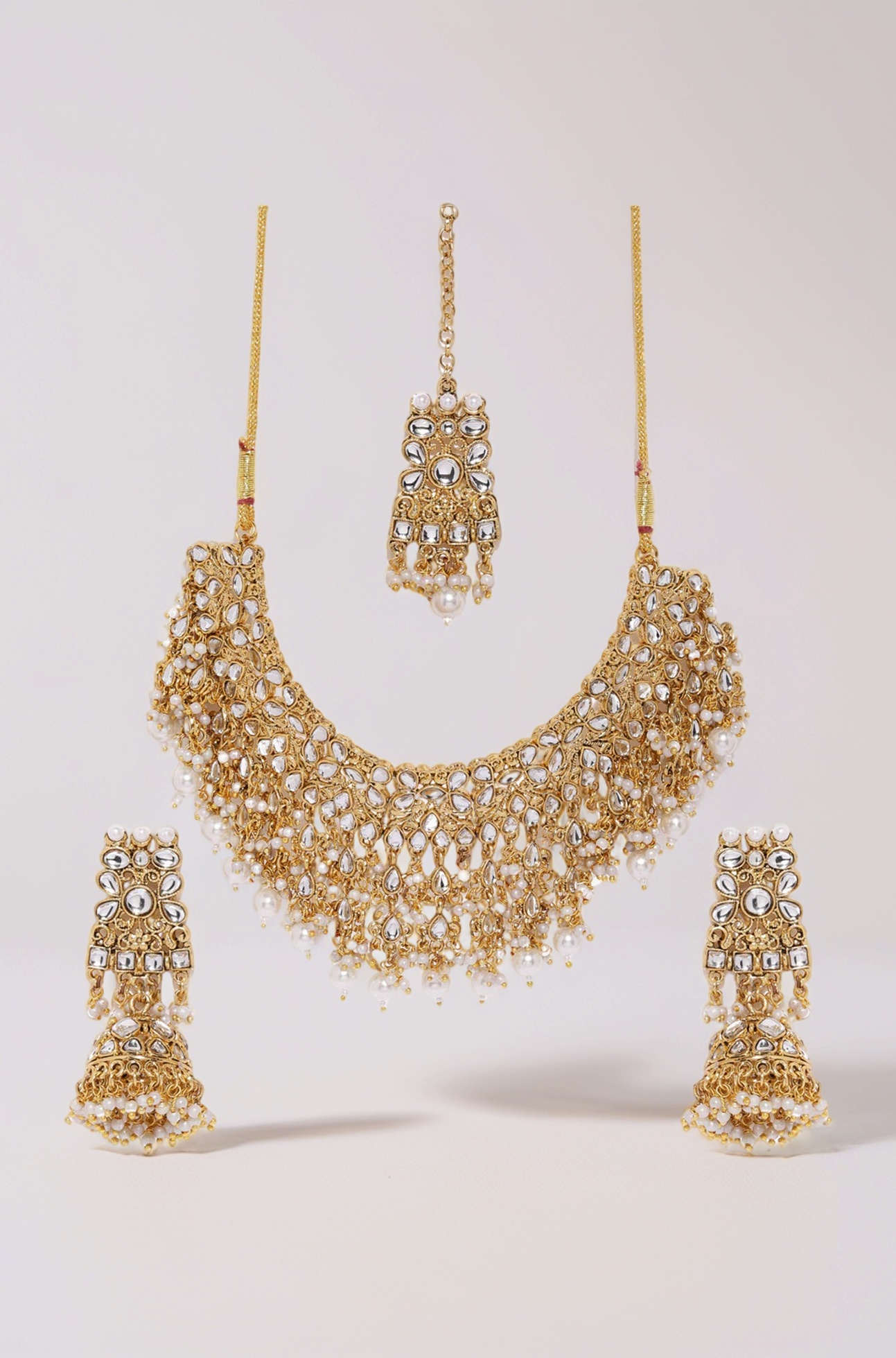 Gold Tone Kundan & Pearls Bridal Choker Necklace Set For Women-ZPFK8454