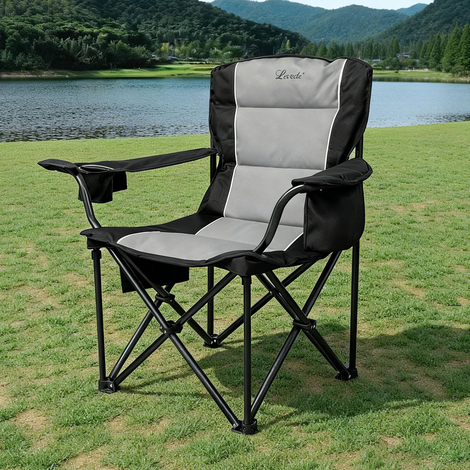 Levede Oversized Camping Chair Heavy Duty 200kg (440lbs) for Heavy People – Wide Folding Chair with Reinforced Frame, Padded Armrests, Cooler Bag & Cup Holder, Portable for Outdoor Garden & Beach