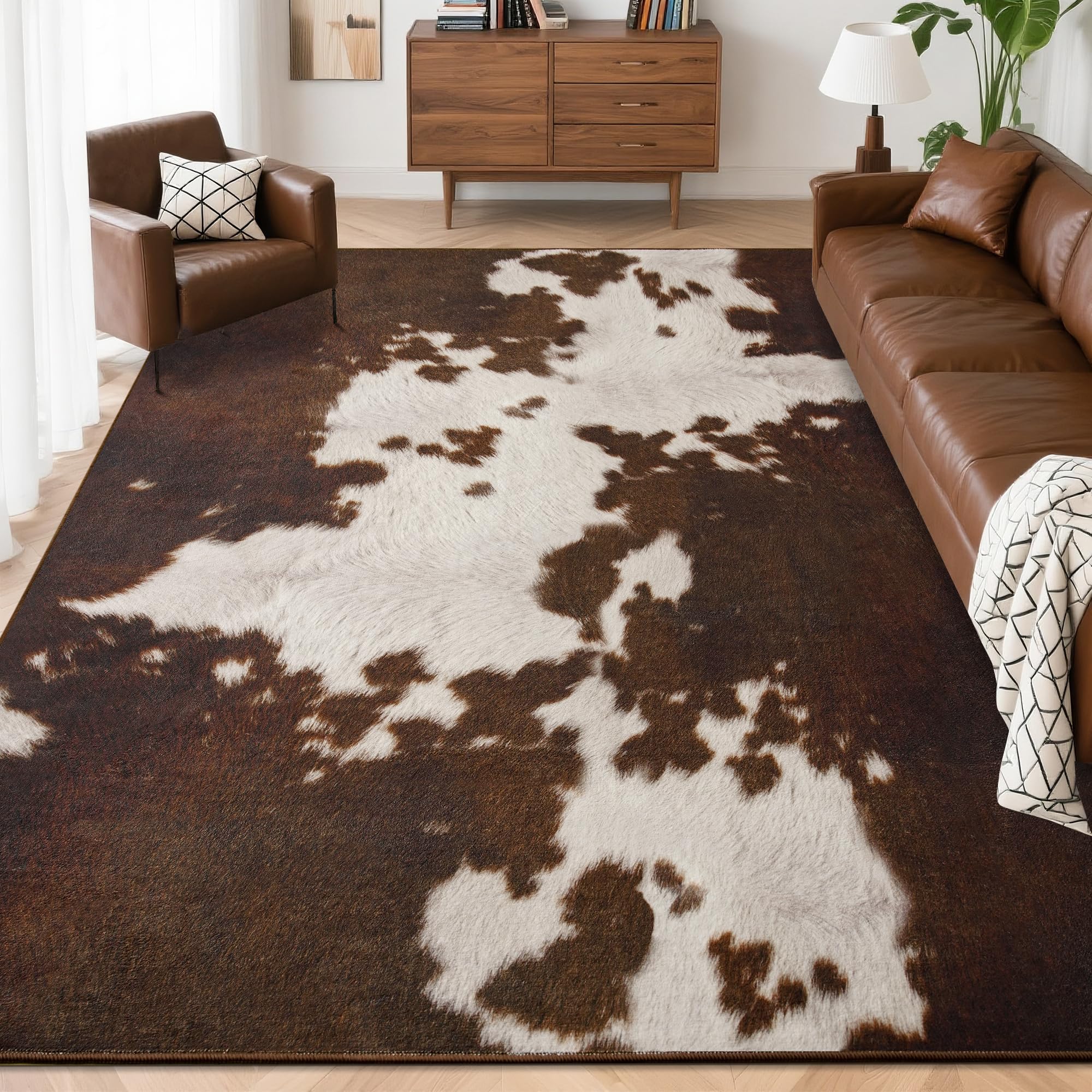 Foxmas Area Rugs for Living Room, 8x10 Machine Washable Cow Print Rug, Non-Slip Low Pile Indoor Floor Rug, Carpet for Bedroom Dining Room Laundry Room Kitchen Home Office