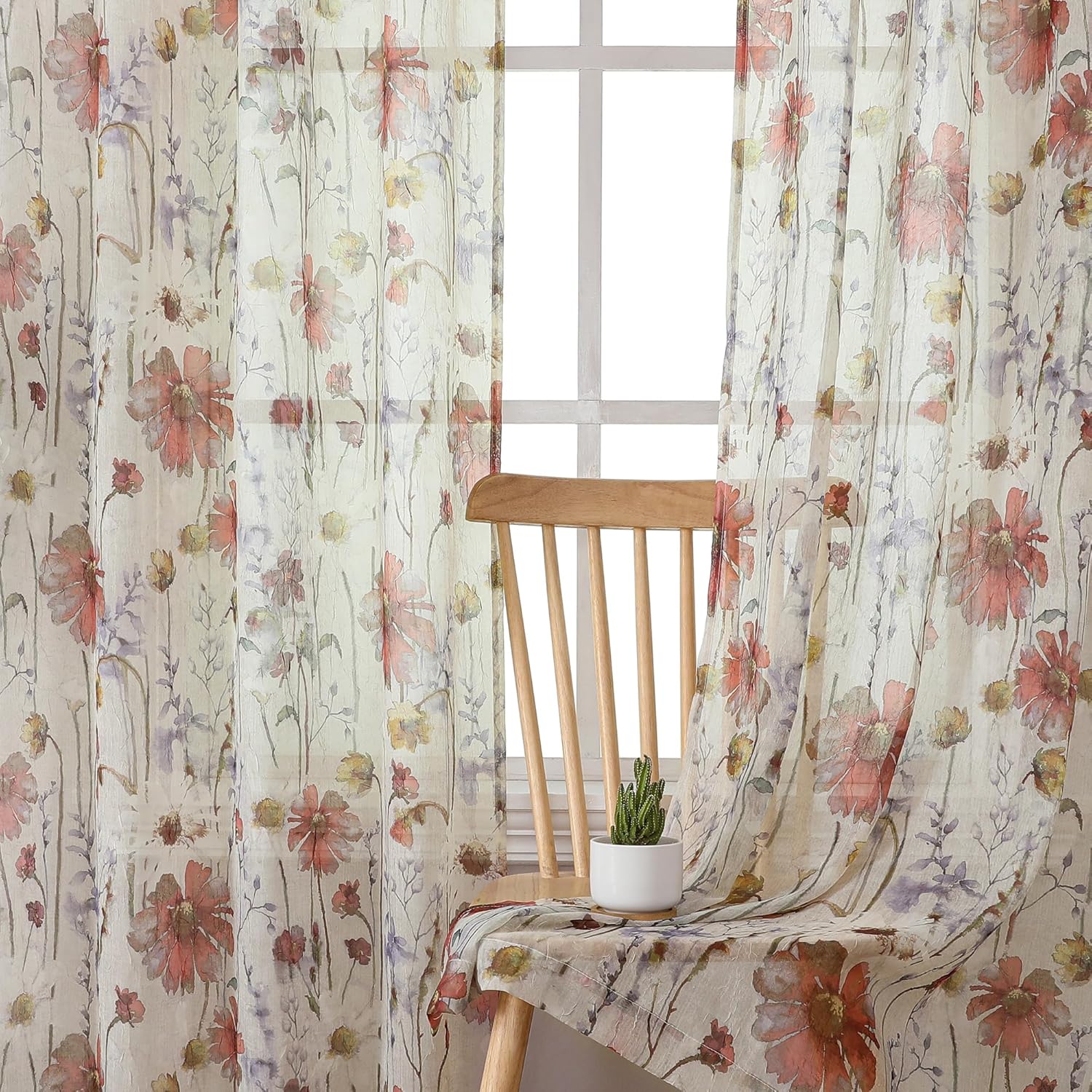 OWENIE Crushed Sheer Curtains 84 Inch Length 2 Panels Set, Sheer Floral Curtains Printed Drapes on Sheers for Living Room, Rod Pocket Light Filtering Window Sheers (2 Panels, 42" x 84") Multi Color 42"W x 84"L (Pack of 2)