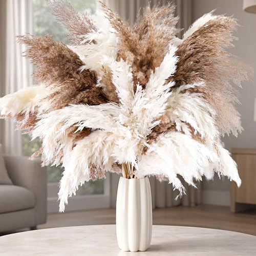 50 PCS Tall Pampas Grass for Floor Vase – 17" Natural Fluffy Dried Pampas Grass Stems, Large 20 White & 30 Brown Pоmpas Grass, Boho Pampas for Wedding, Home Decor, Halloween, Christmas