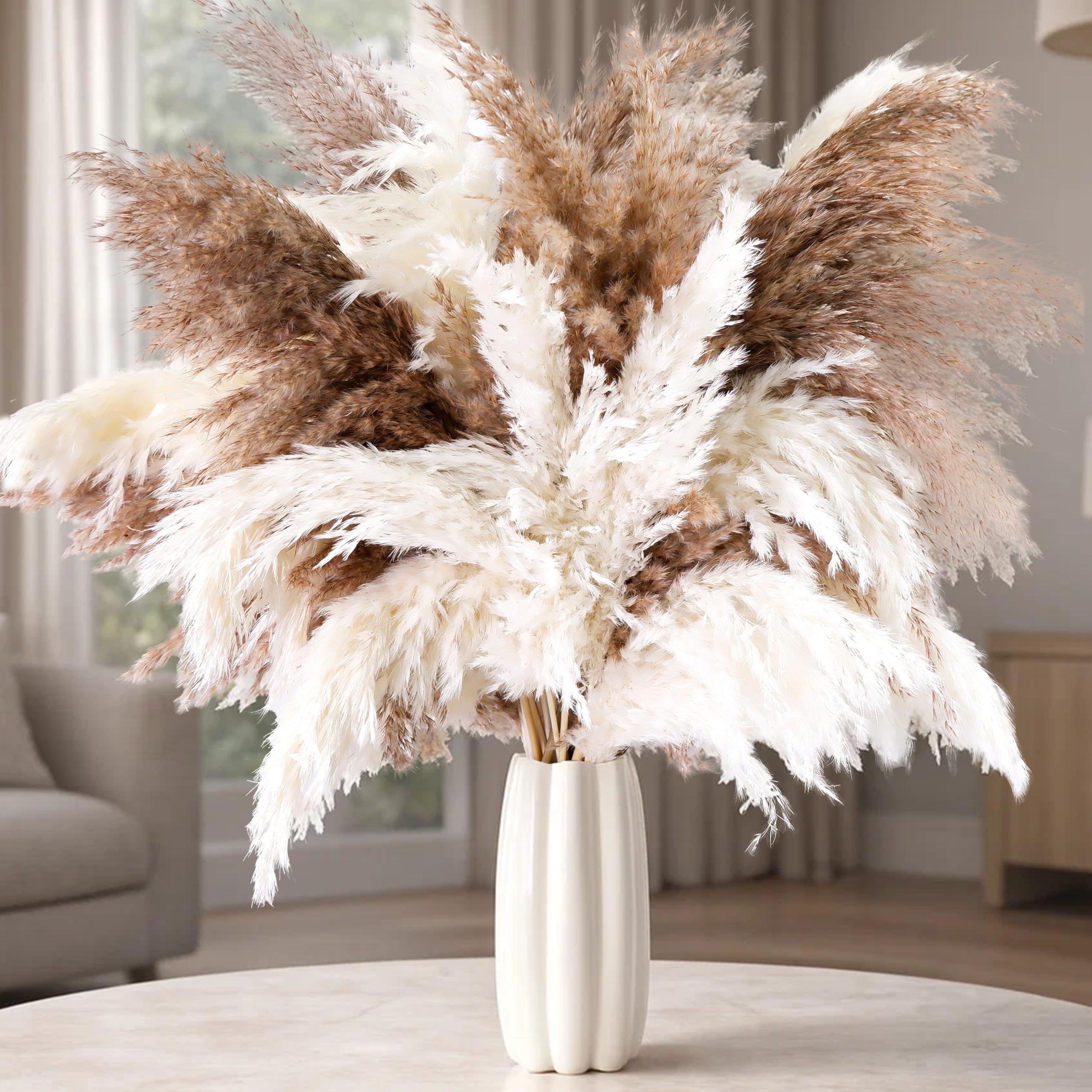 Pampasgras für Bodenvase, 43,2 cm, natürlich, flauschig, getrocknet, Pampasgras, groß, 20 weiße und 30 braune Pampasgras, Boho-Pampas für Hochzeit, Heimdekoration, Halloween, Weihnachten, 50 Stück