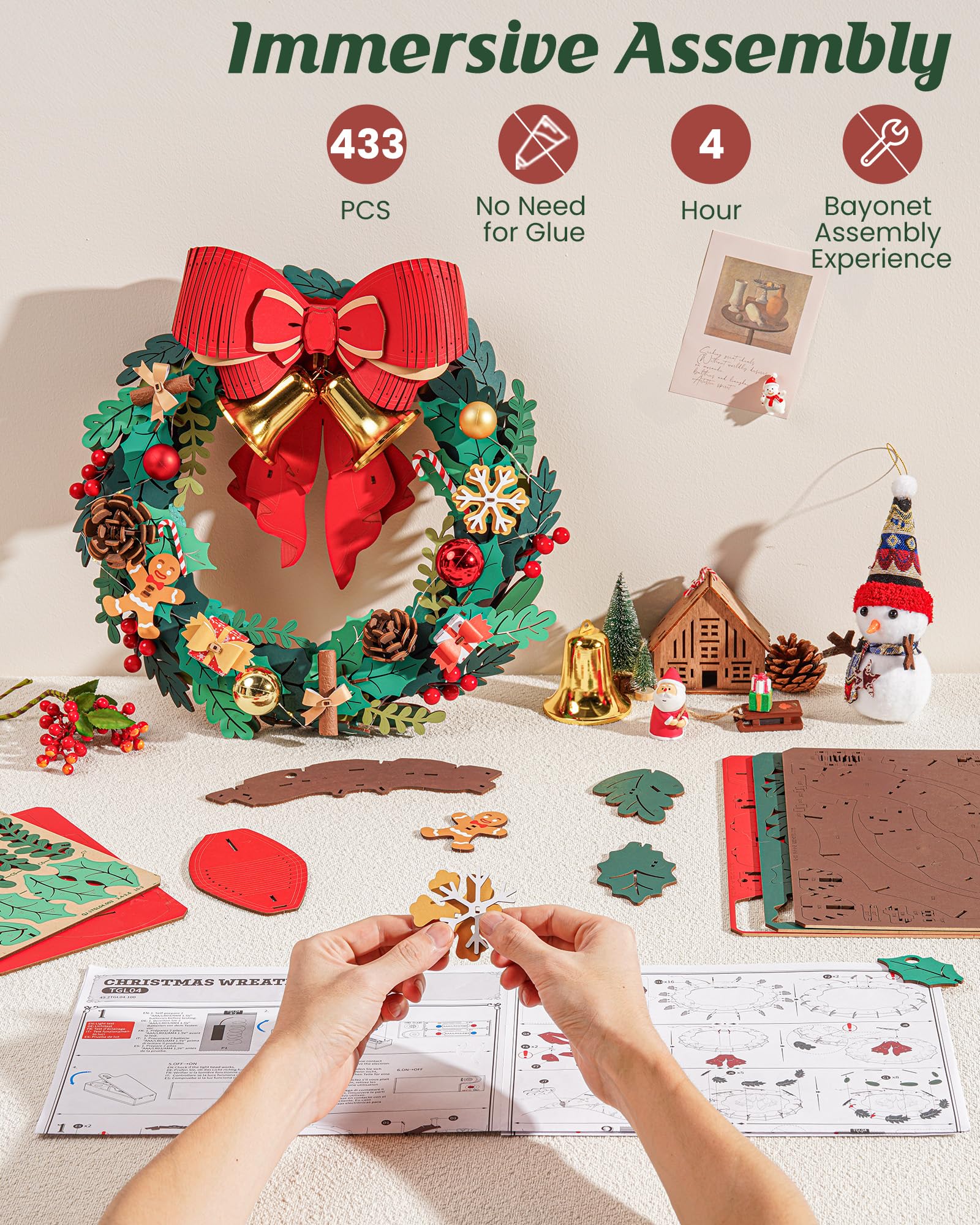 Rolife Puzzle 3D per adulti, ghirlande natalizie per porta d'ingresso, ghirlanda di eucalipto artificiale per tutte le stagioni, ghirlanda per interni ed esterni con fiocco rosso e campana dorata, LED
