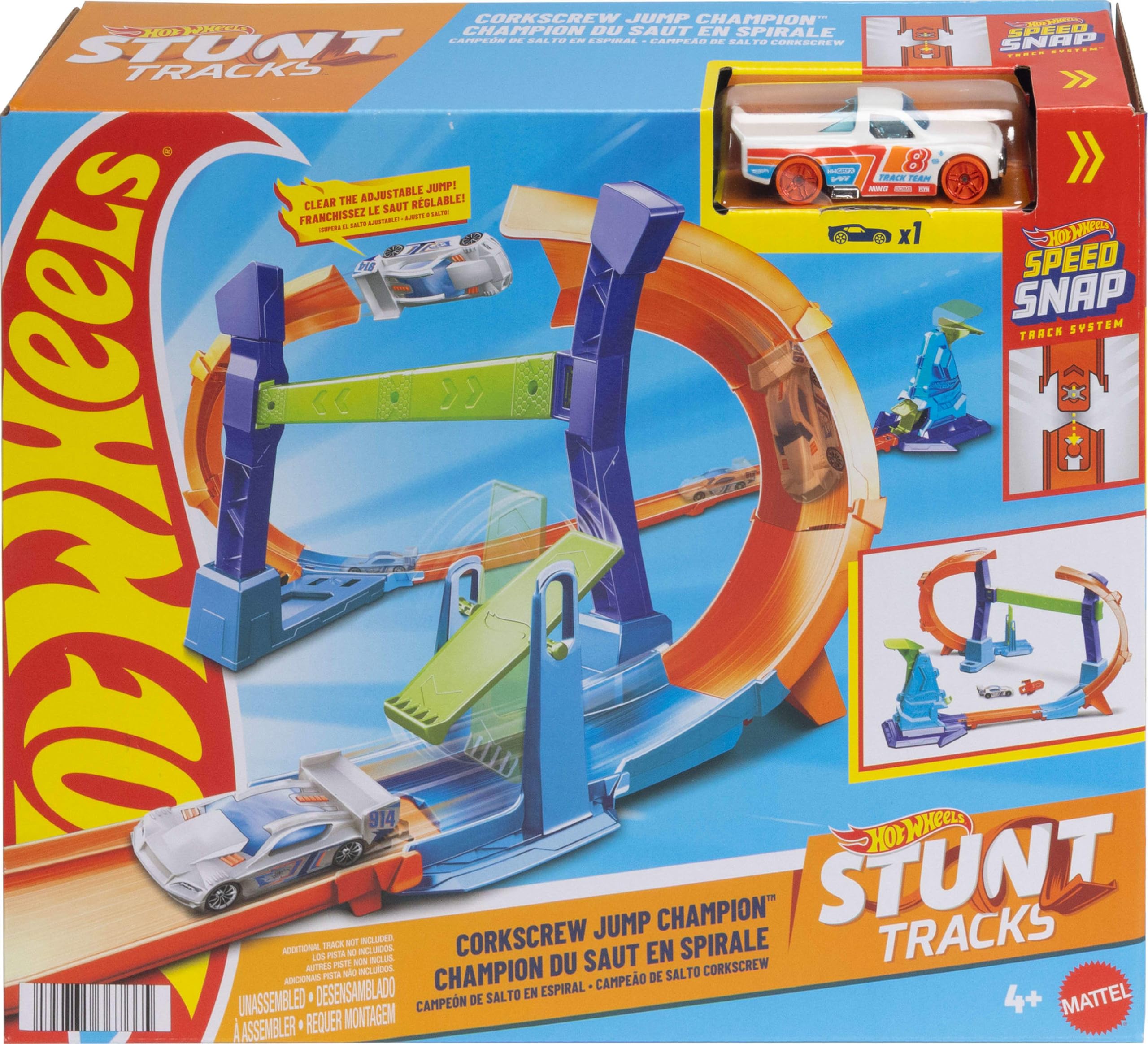 Hot Wheels Stunt Tracks Loop Acrobatico e Macchinina | Lancia e fai saltare il veicolo in scala 1:64 nel loop, Speed Snap Track con adattatori, compatto da riporre, JLM91