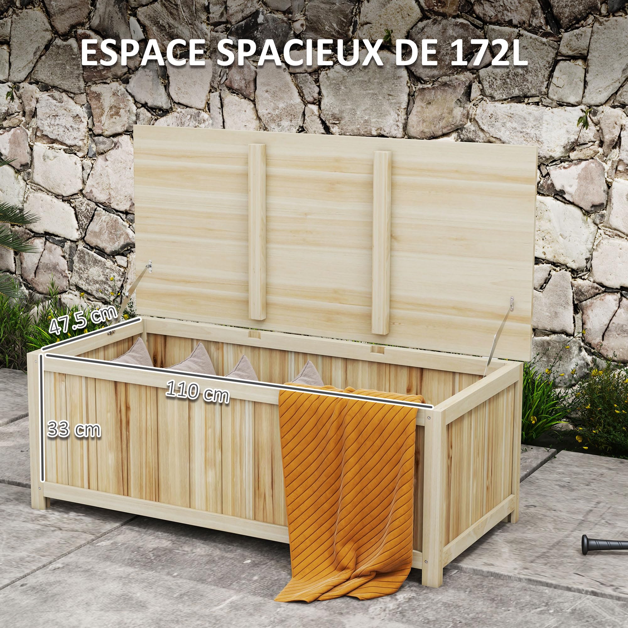 Outsunny Bagażnik ogrodowy 172 l, pojemnik do przechowywania z podnośnikami, do użytku na zewnątrz, z litego drewna, 120 x 55 x 45 cm, z efektem naturalnego drewna