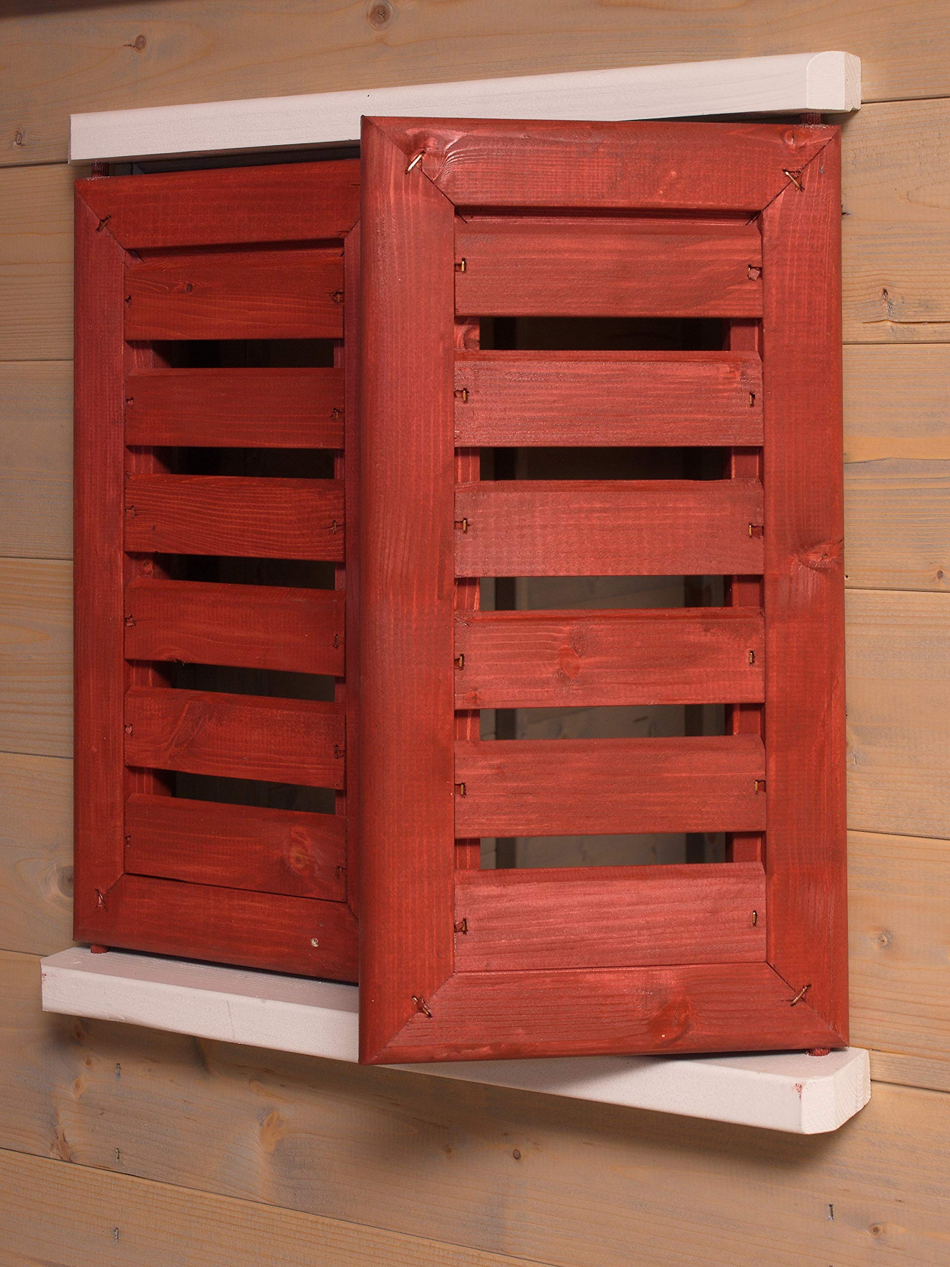 casa de Juegos de Madera para niños jardín 120×155×168 cm con Puerta, Ventana, persianas, terraza y estantería Interior, Color Rojo – M12R