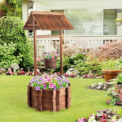 VINGLI Jardineras de madera para exteriores, cubiertas de pozo para patio con 4 varillas reforzadas, cubo colgante de altura ajustable, maceta