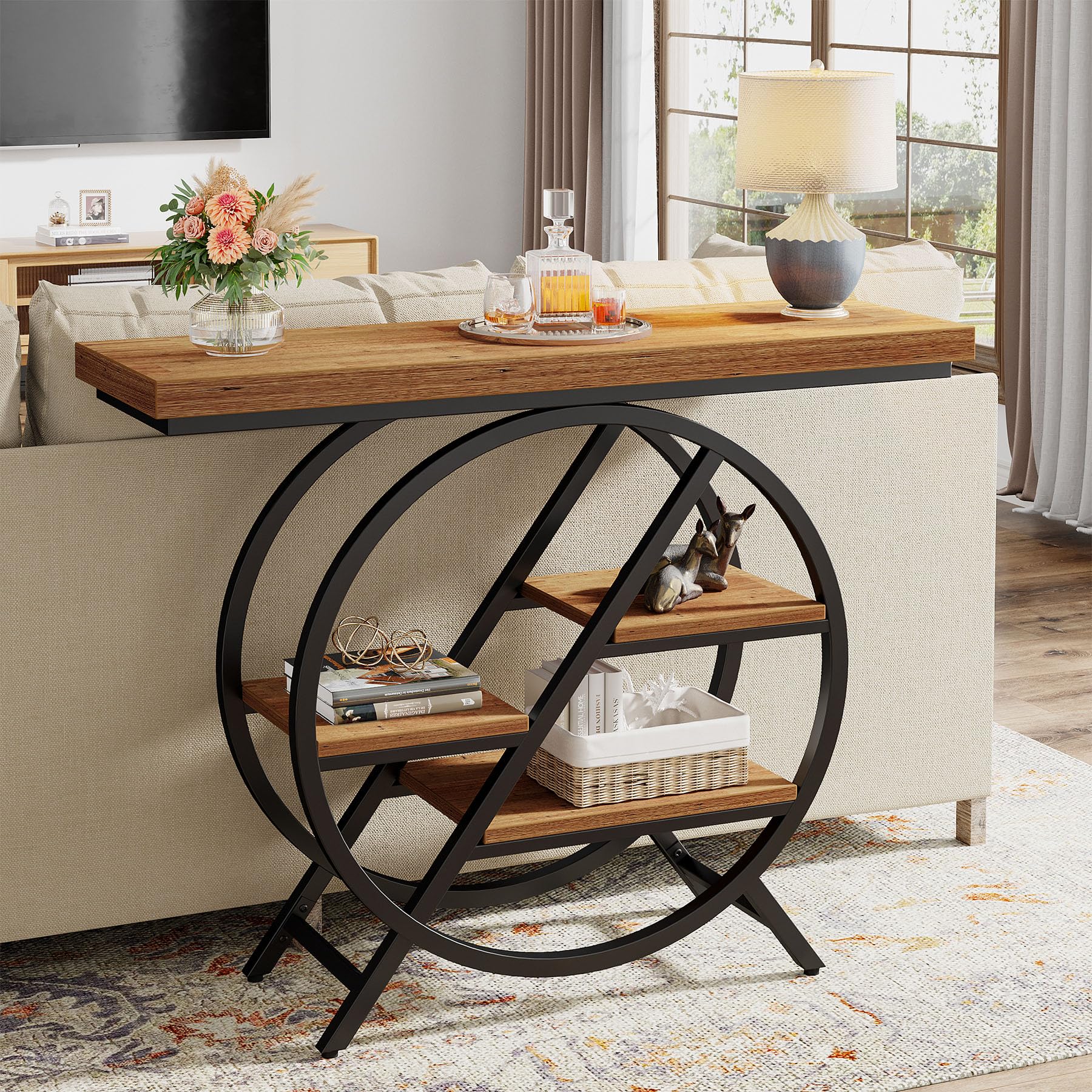Tribesigns Tavolo consolle, tavolo da ingresso da 90 cm con piano ispessito, divano industriale stretto a 4 livelli con struttura geometrica in metallo per soggiorno, ingresso, marrone chiaro