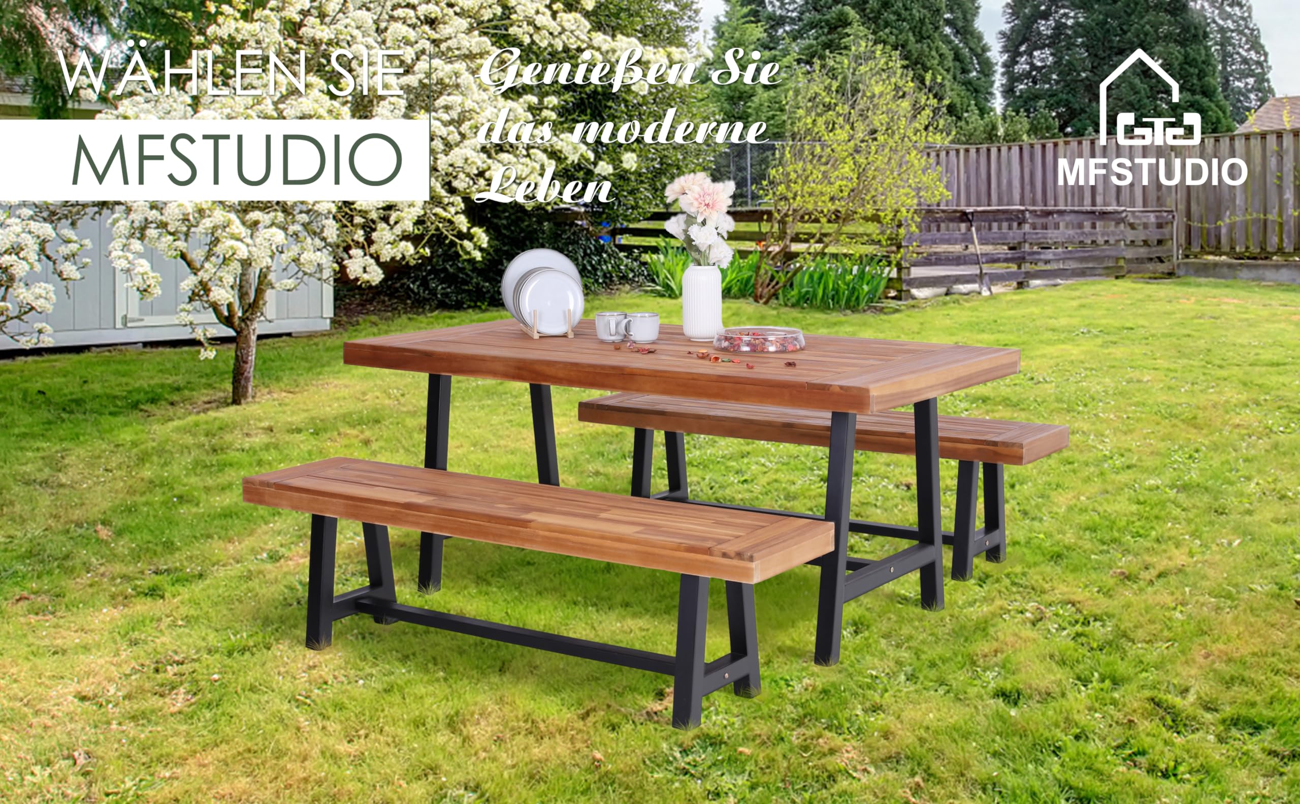 MFSTUDIO Gartenbank Wetterfest 3 Sitzer, 100% Akazienholz Parkbank | Akazienholz, 160 × 36,5 × 45 cm, Platz für 2–3 Personen, Modernes Design, Einfache Montage, Langlebig
