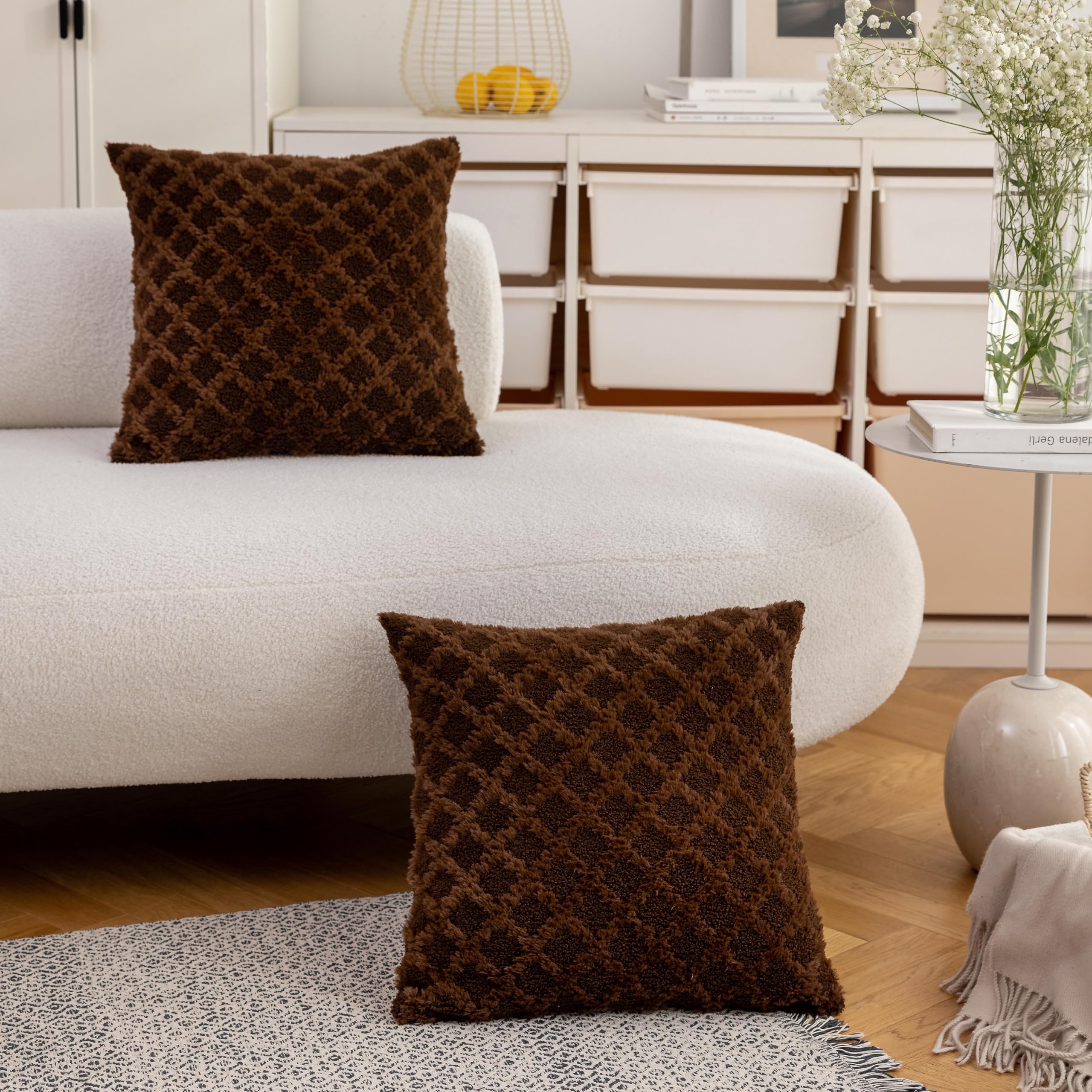 Home Brilliant Set of 2 Super Soft Fluffy Cushion Covers 45cm x 45, Plush Cushion Covers for Couch Bedroom Living Room Decor Dark Brown - Image 3