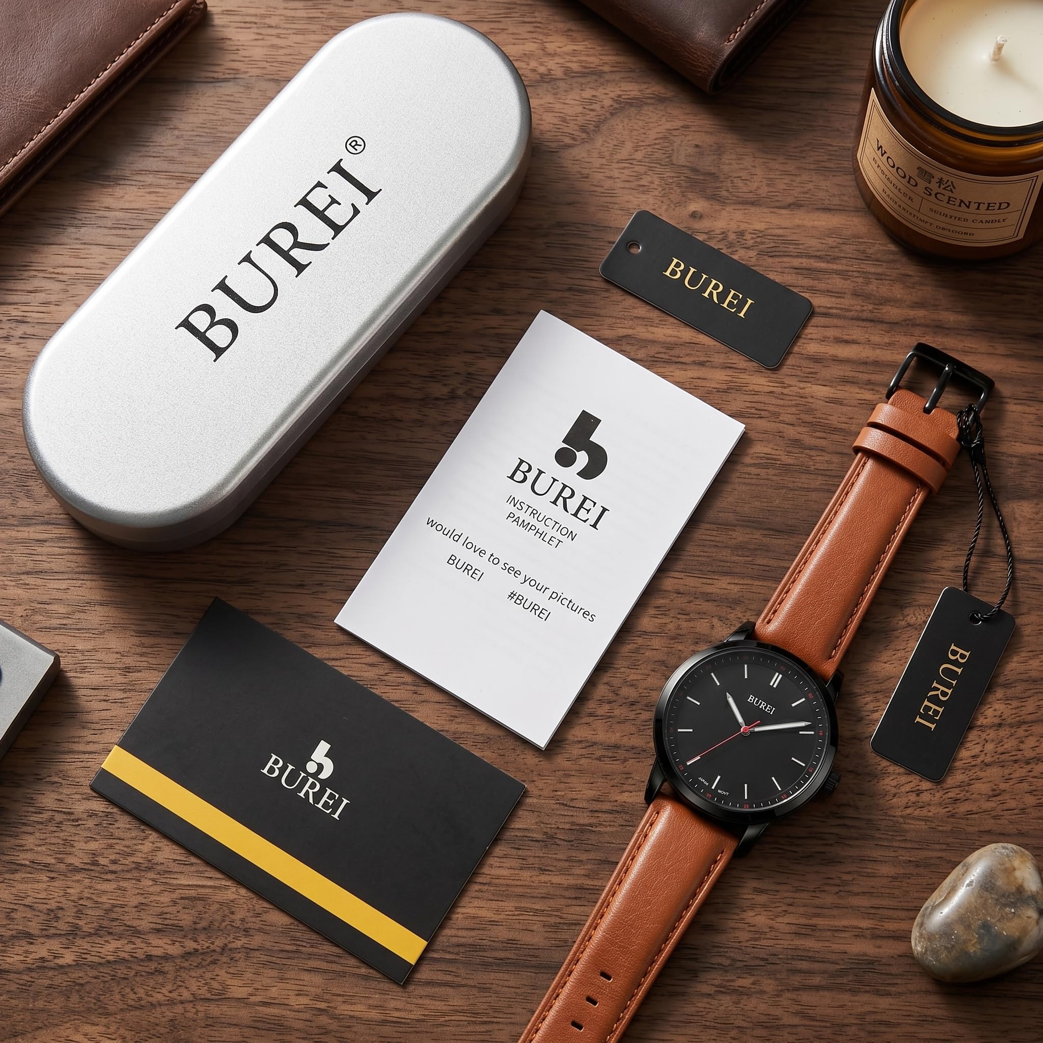 BUREI Orologio da uomo alla moda, minimalista, in pelle, classico, analogico, al quarzo, impermeabile, regalo per uomo
