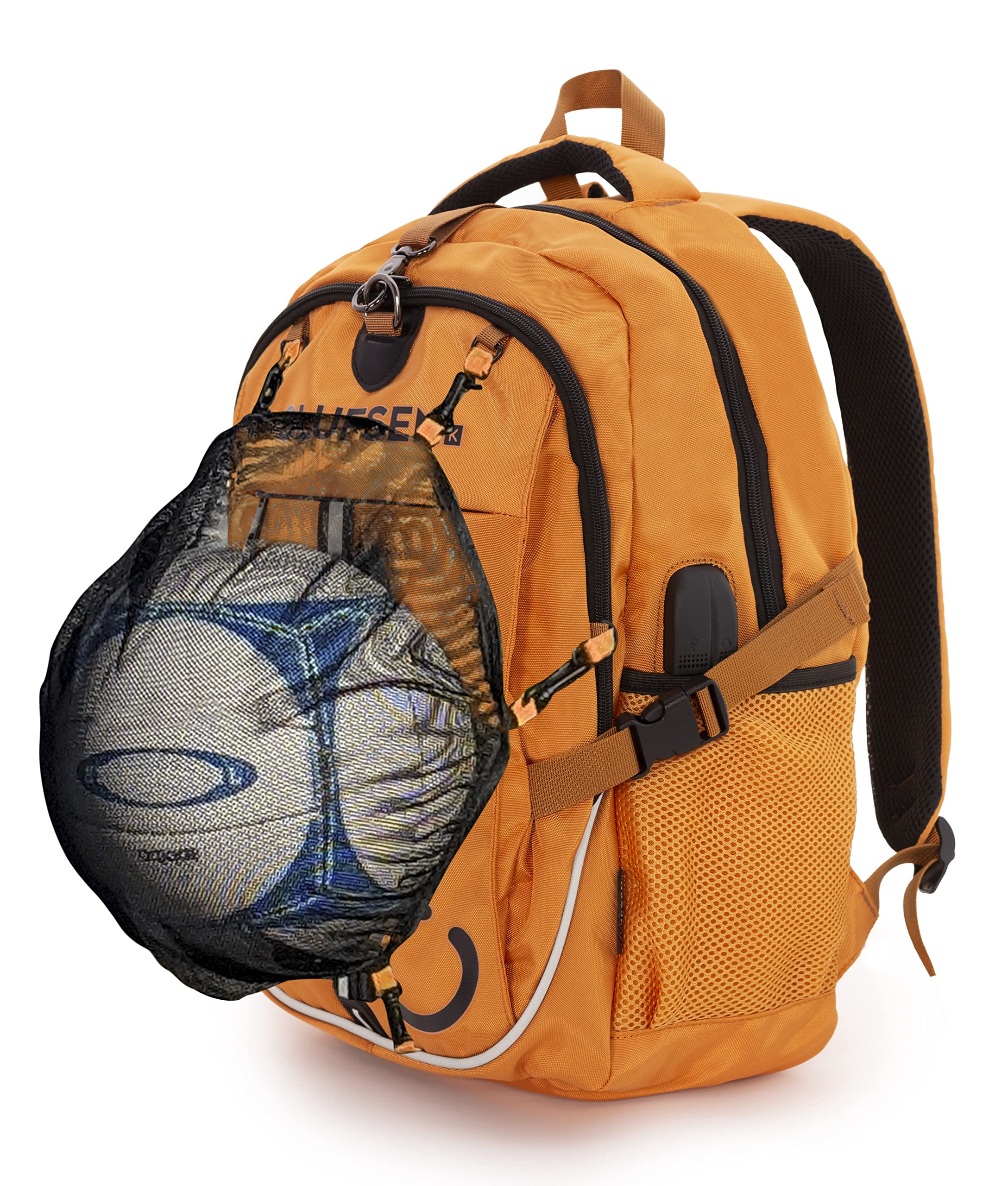 OLUFSENKids Mochila Polivalente BONN- Con Red Desmontable Porta Balones y Cascos - Puerto USB y Auriculares -Con Hebilla Antirrobo - Ideal para Fútbol, Baloncesto, Voleibol y Hockey