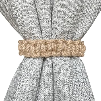 Boho Curtain Tieback Holdbacks for Drapes, Farmhouse Tie Backs for Light Sheer Curtains, Jute Rope Flexible, Natural Decor Shabby Chic Drapery Holder, Pack-2