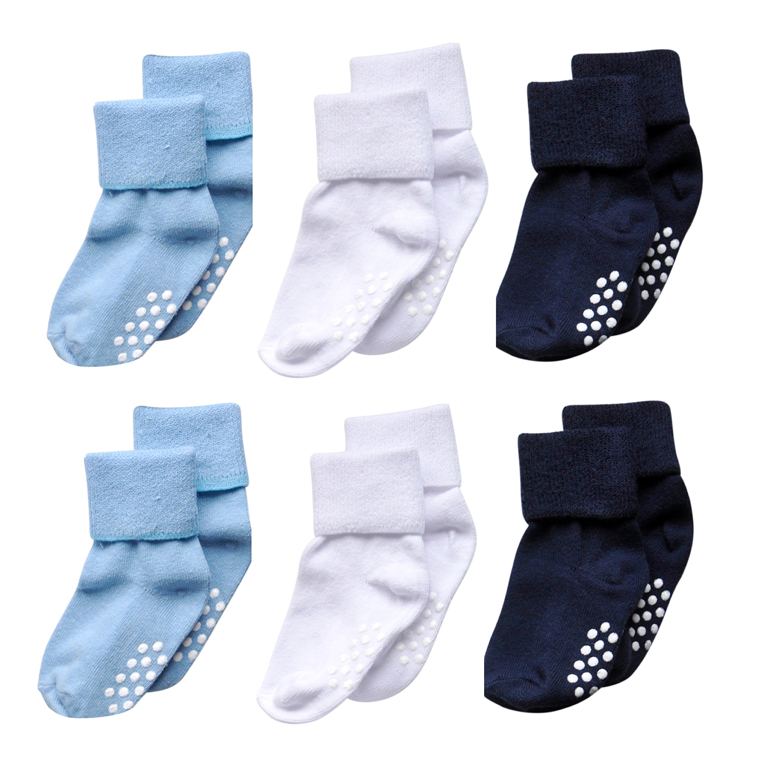 6 Pairs Baby Anti Slip And Non Skid Turn Cuff Socks(12-24 months, Navy,Blue,White)