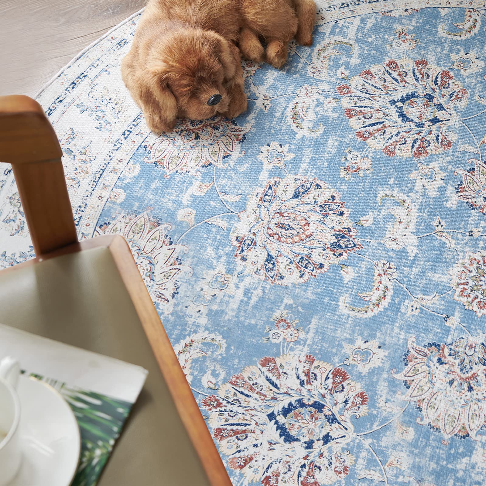 jinchan Round Rug 5ft Area Rug Indoor Vintage Hallway Circle Rug 5' Round Washable Thin Rug Floral Print Non Slip with Rubber Backing for Living Room Dining Room Bedroom Entryway Blue
