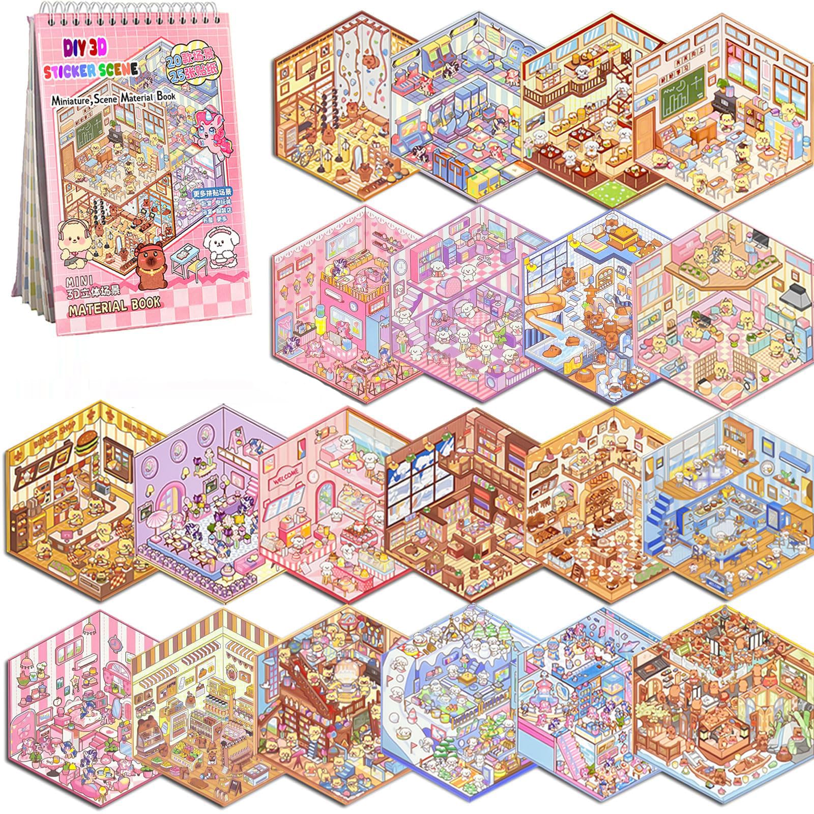 Bambebe Set di 20 Adesivi 3D per Casa in Miniatura – Kit Sticker di Scena, Attività Rilassante per Bambini e Adulti