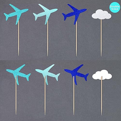 Miniatura 4 de Gexolenu 24 piezas de lindos adornos para cupcakes de avión de nube con purpurina azul de doble cara para decoración de baby shower, boda,