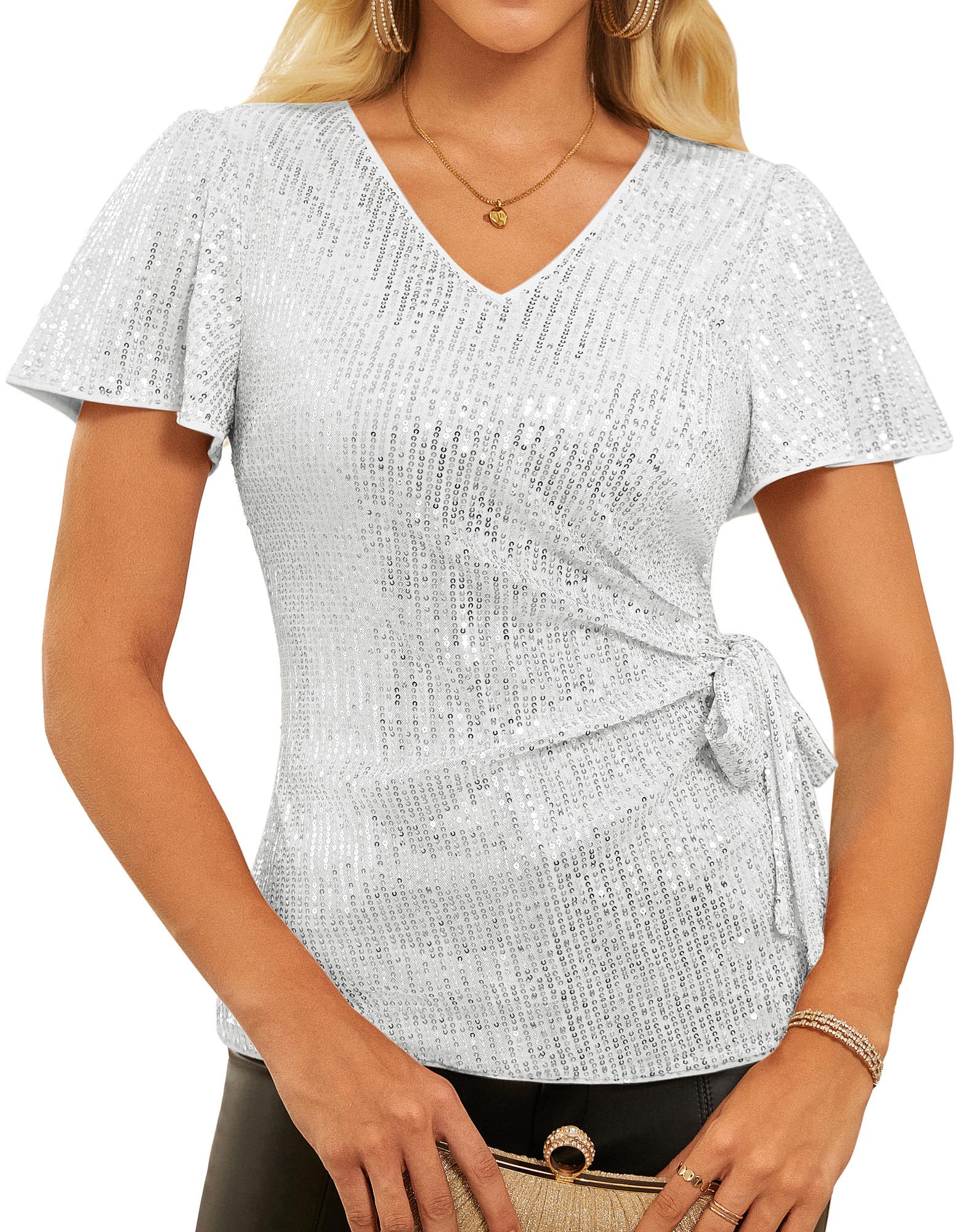 GRACE KARIN Top da donna con paillettes 2025 camicia scintillante con maniche a volant, camicette per feste glitterate abiti eleganti da concerto discoteca