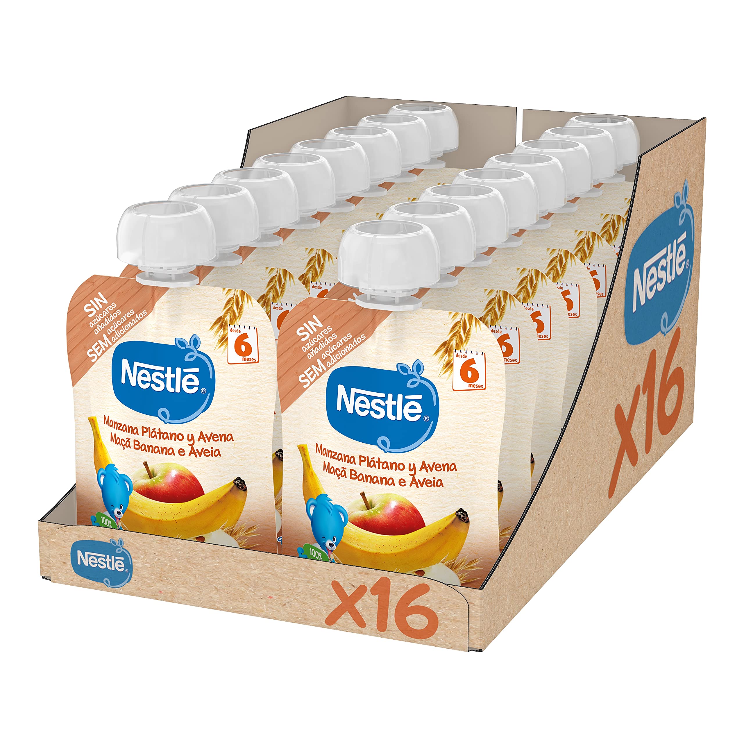 Nestlé Papillas Bolsita de puré de frutas y cereales Manzana Plátano Avena 16x90g