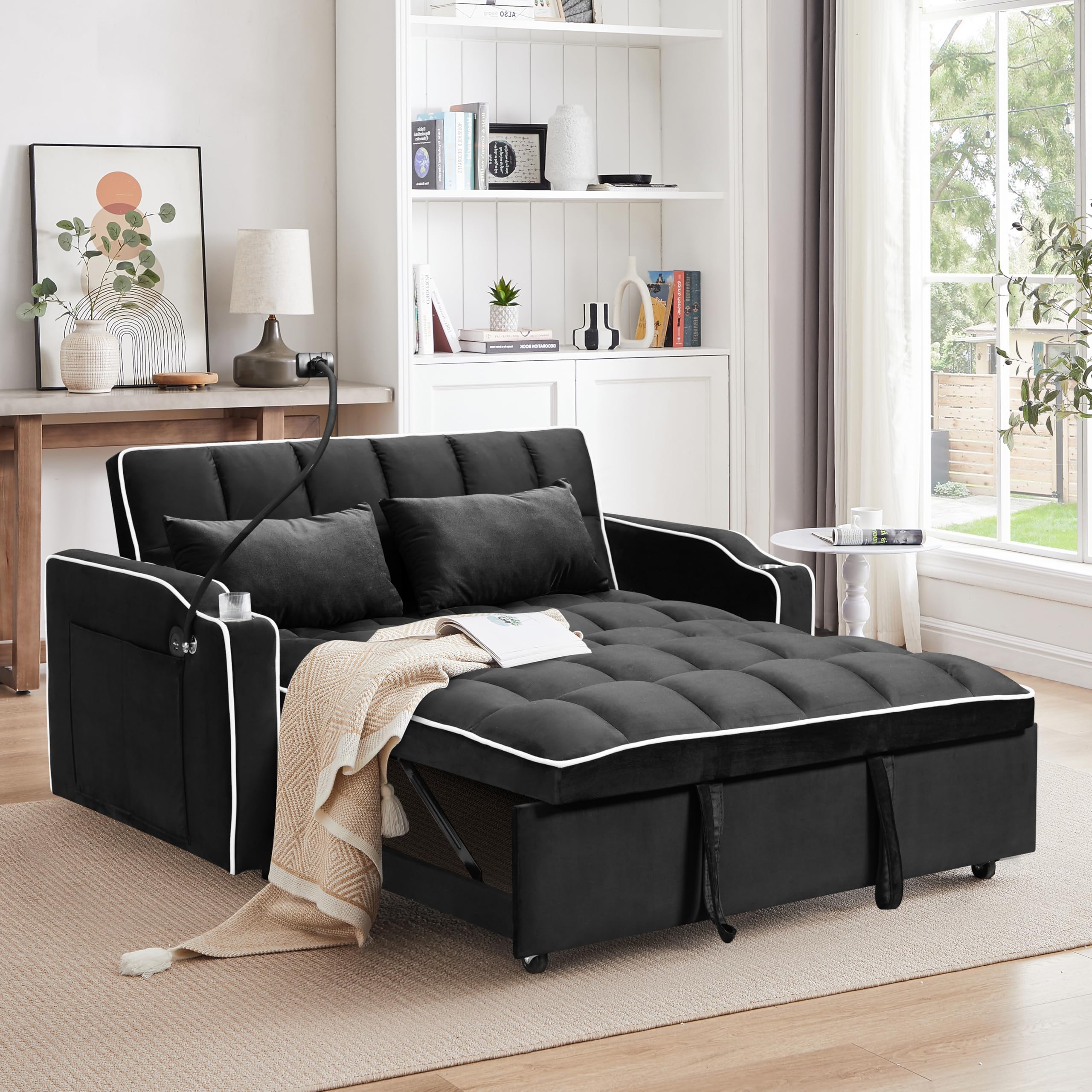 TTK 3-in-1 Convertible Velvet Sleeper Sofa Bed, Pull-Out Loveseat with Adjustable Backrest, USB Port & 2 Pillows, Swivel Phone Stand & Storage Pockets