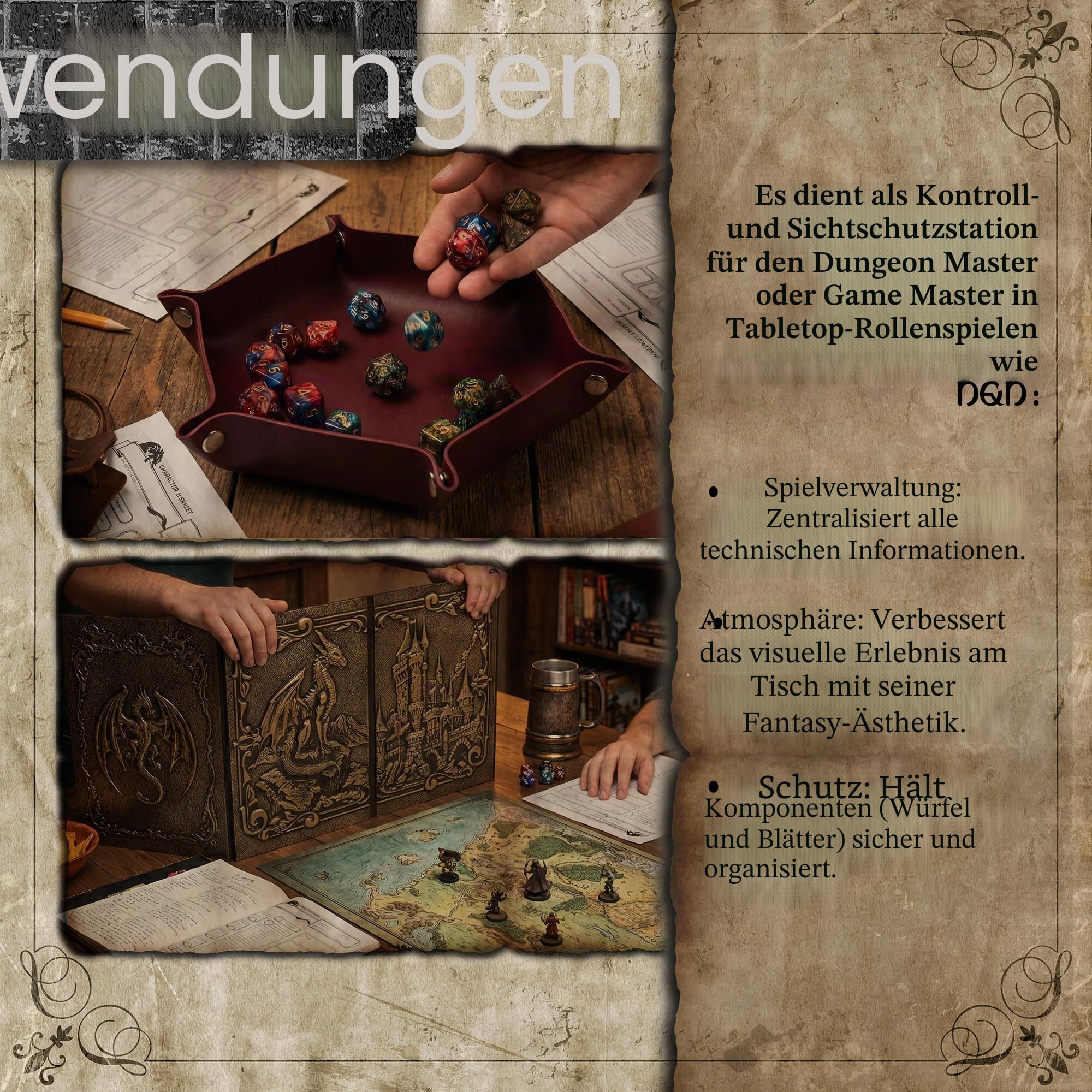 Dungeon Master Screen mit Würfelschale DOJA Hobbies, DM Screen DND Faltbar mit 4 Panels in Goldfarbener Kunstleder-Optik, mit Personalisierbare Einlagen, Zubehör Dungeons and Dragons Rollenspiel