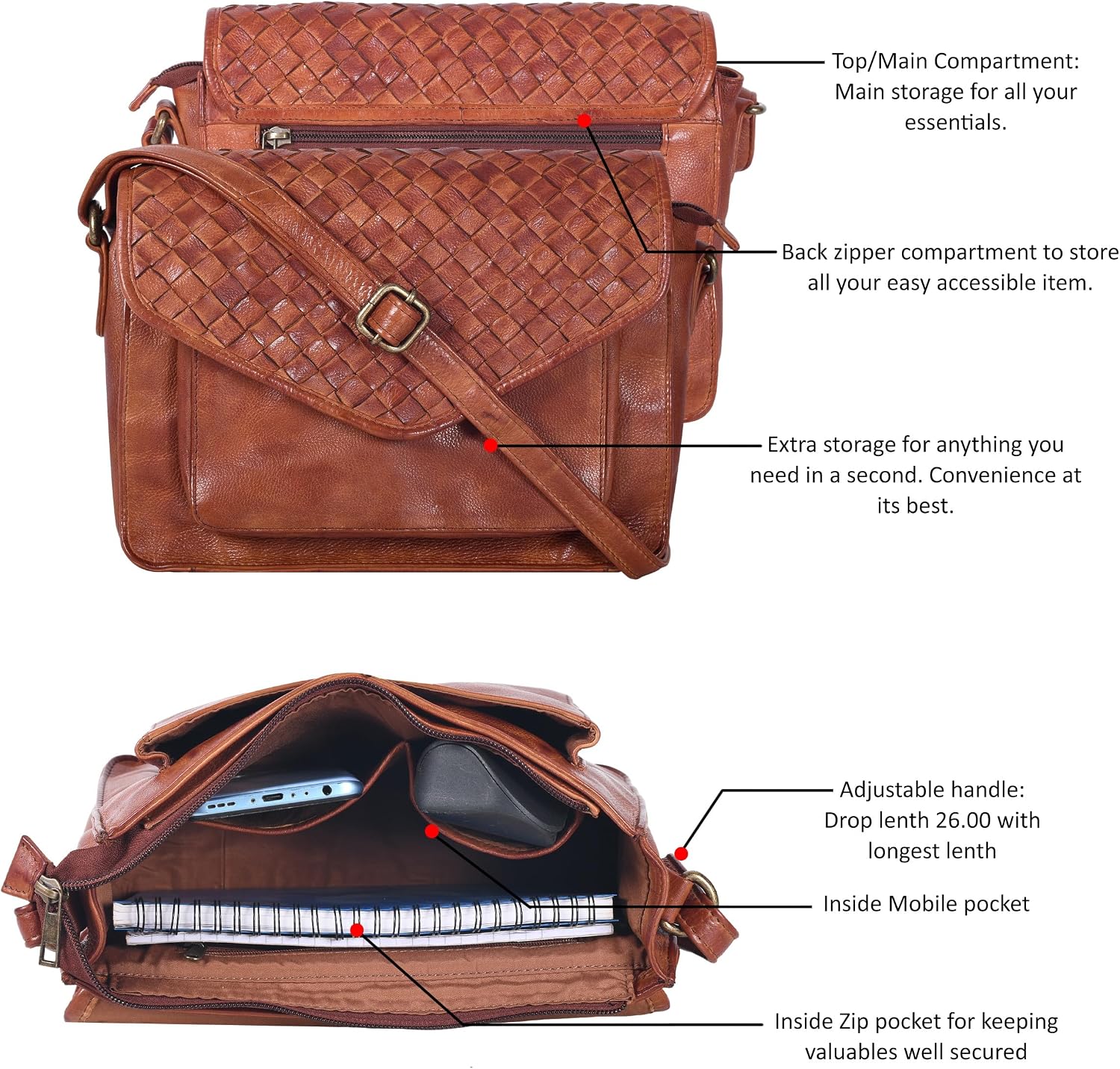 Leather Flapover Crossbody Handbag Purse for Women with Adjustable Strap & Overflap Snap Closure Tote/Bag