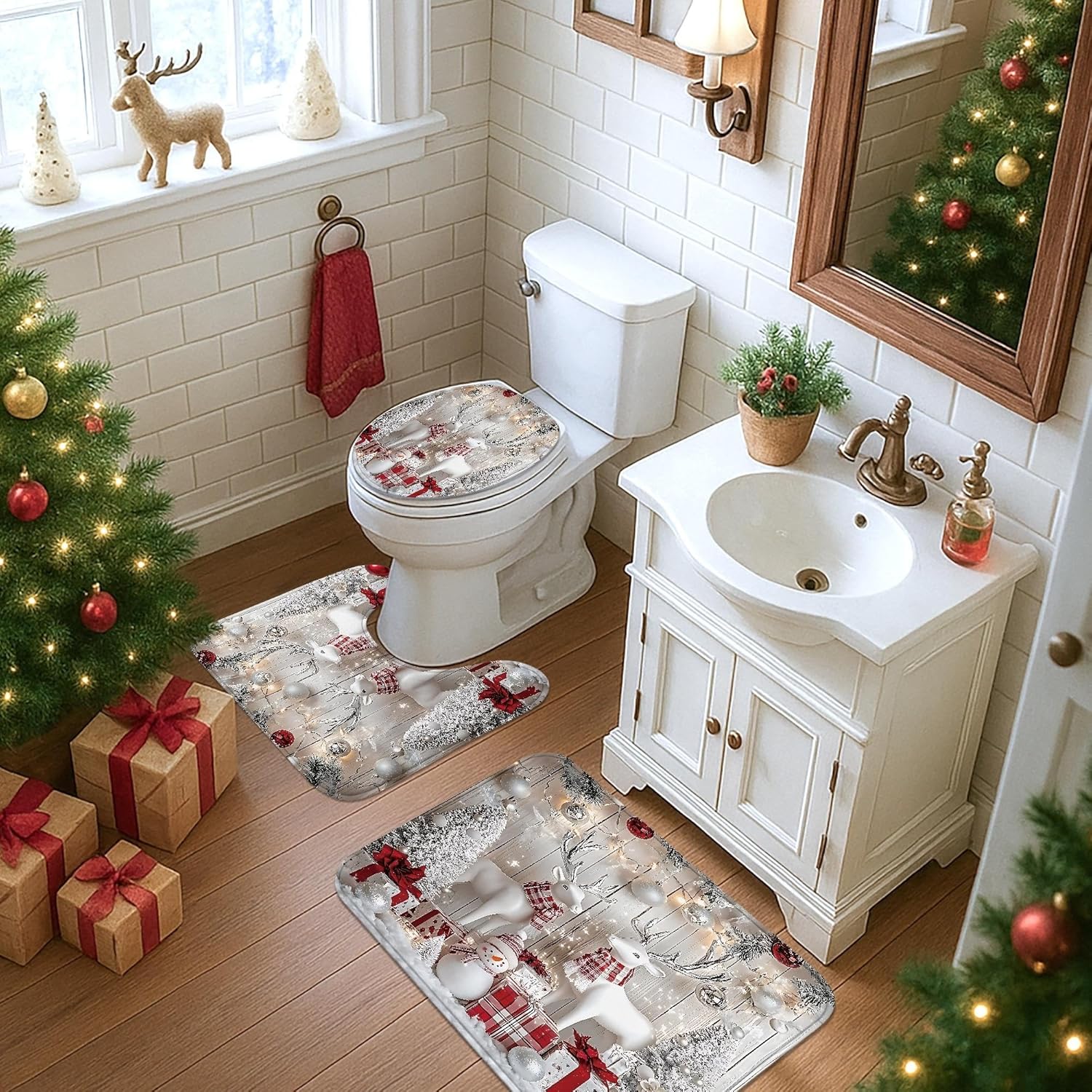 3pcs Christmas Shower Curtain Set, Red White Deer Bath Mat Rugs Accessories for Holiday Bathroom Decor, Cozy Festive Waterproof Fabric Shower Curtain Set with Hooks 72x72 Inch