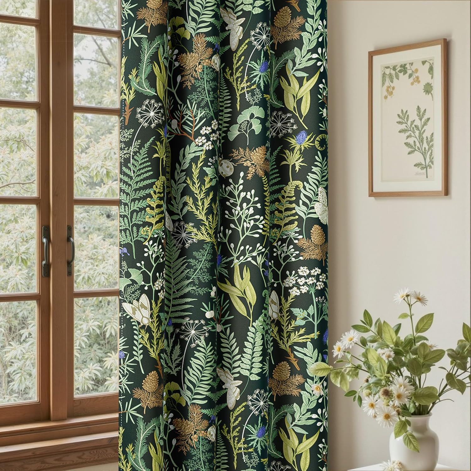 Botanical 100% Blackout Curtains for Bedroom 84 Inch Length 2 Panels Set Vintage Black Green Plant Floral Curtains Insulated Grommet Room Darkening Window Drapes for Living Room，52Wx84L