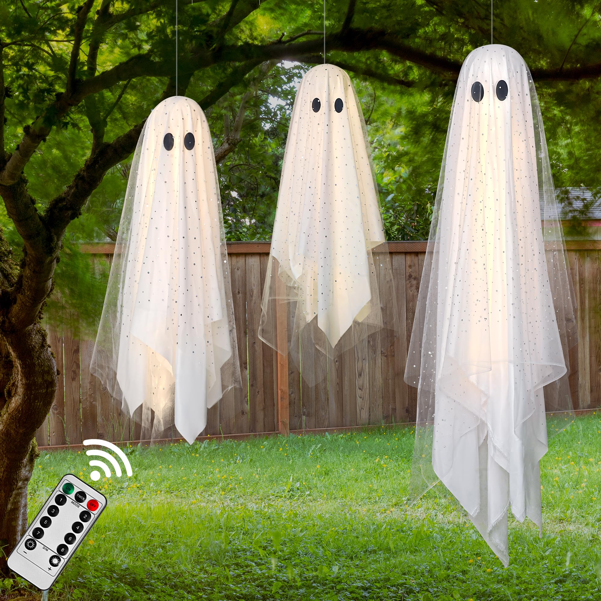AYGXU Halloween Decorations outdoor/indoor-3pcs Hanging Ghost Decor with Light,Halloween Ornaments,Hallowee n Decor for Tree,Yard,Window,Garden