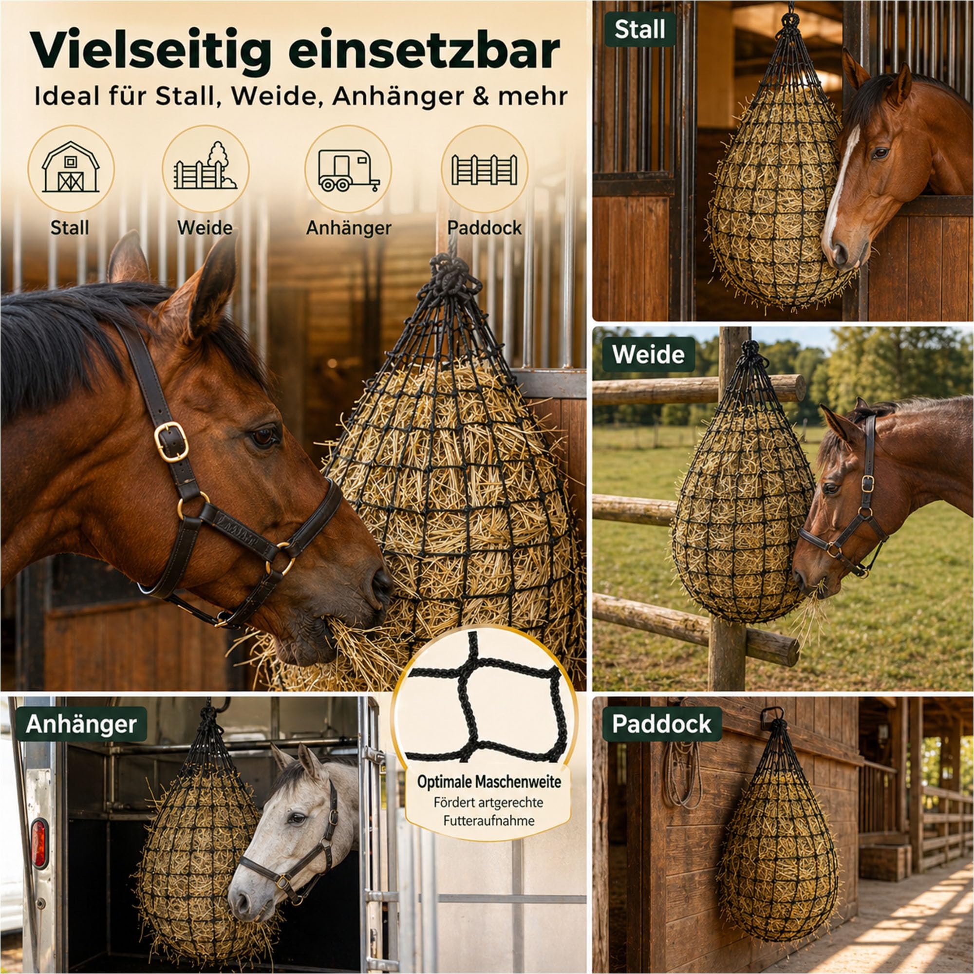 3 stück Heunetz für Pferde Engmaschig – 10kg Runder Heusack mit Tragetasche, Hängendes Heutasche als Futternetz fürs Pferd, für Stall/Weide/Pferdeanhänger, Rundballen & Heuballen, Langsames Füttern