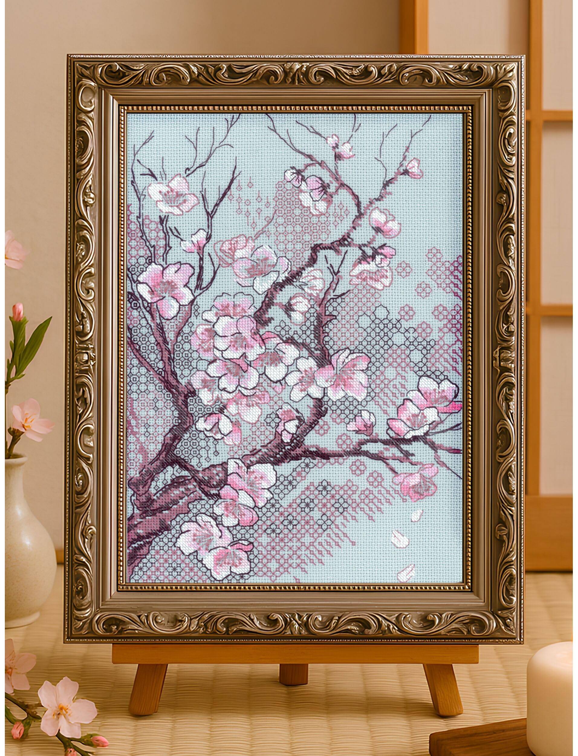 RIOLIS - Fiore di pruno 2298, Natura Blackwork Set 21x30cm, Kit da ricamare blackwork, Disegni da ricamare, Embroidery kit, Kit ricamo blackwork