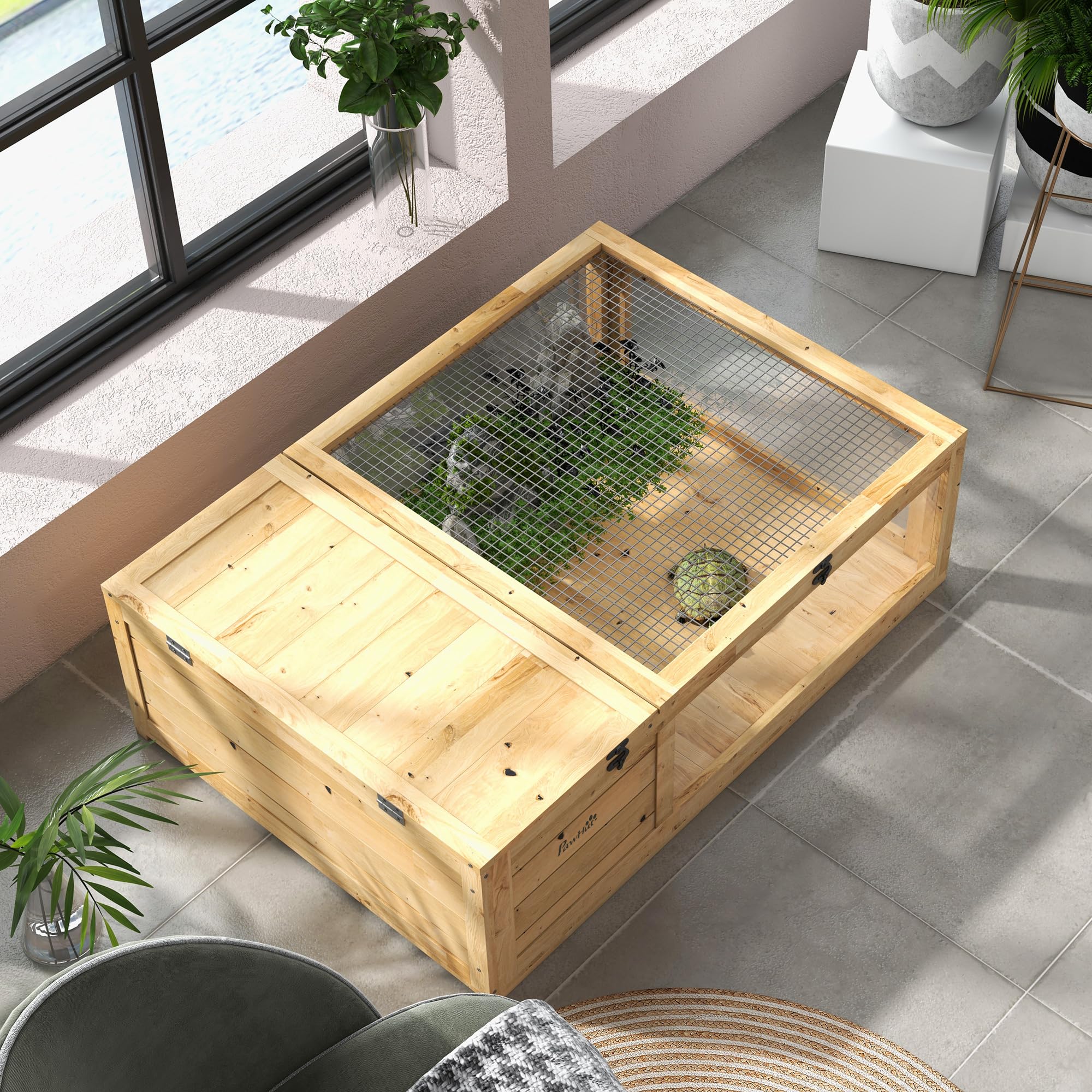 PawHut Casa per tartarughe in legno, terrario per rettili con tetto in rete, pannelli laterali trasparenti estraibili e chiavistello di sicurezza, capannone per tartarughe, 91 x 60,5 x 32 cm, naturale