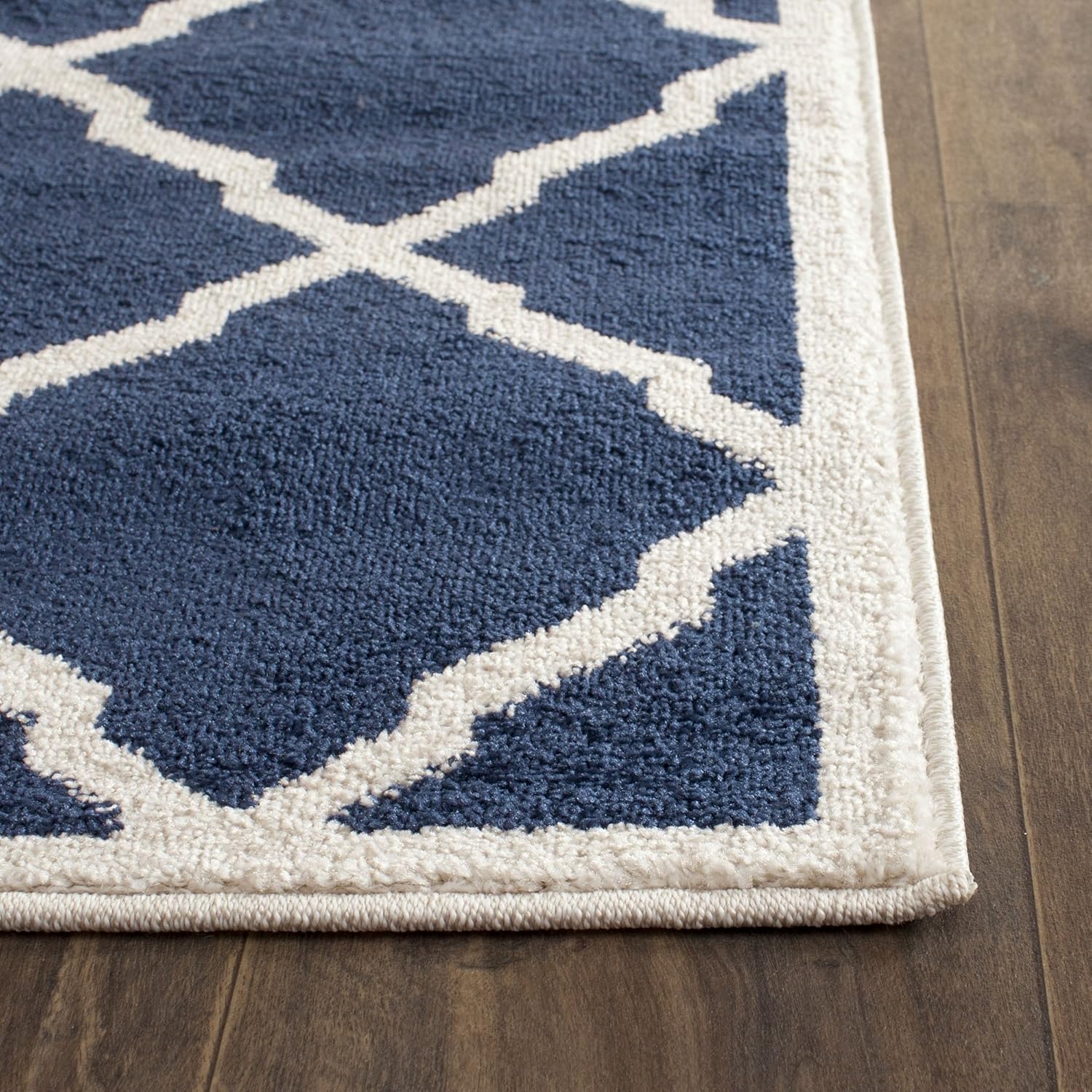 Navy and Beige Geometric Cotton Runner Rug