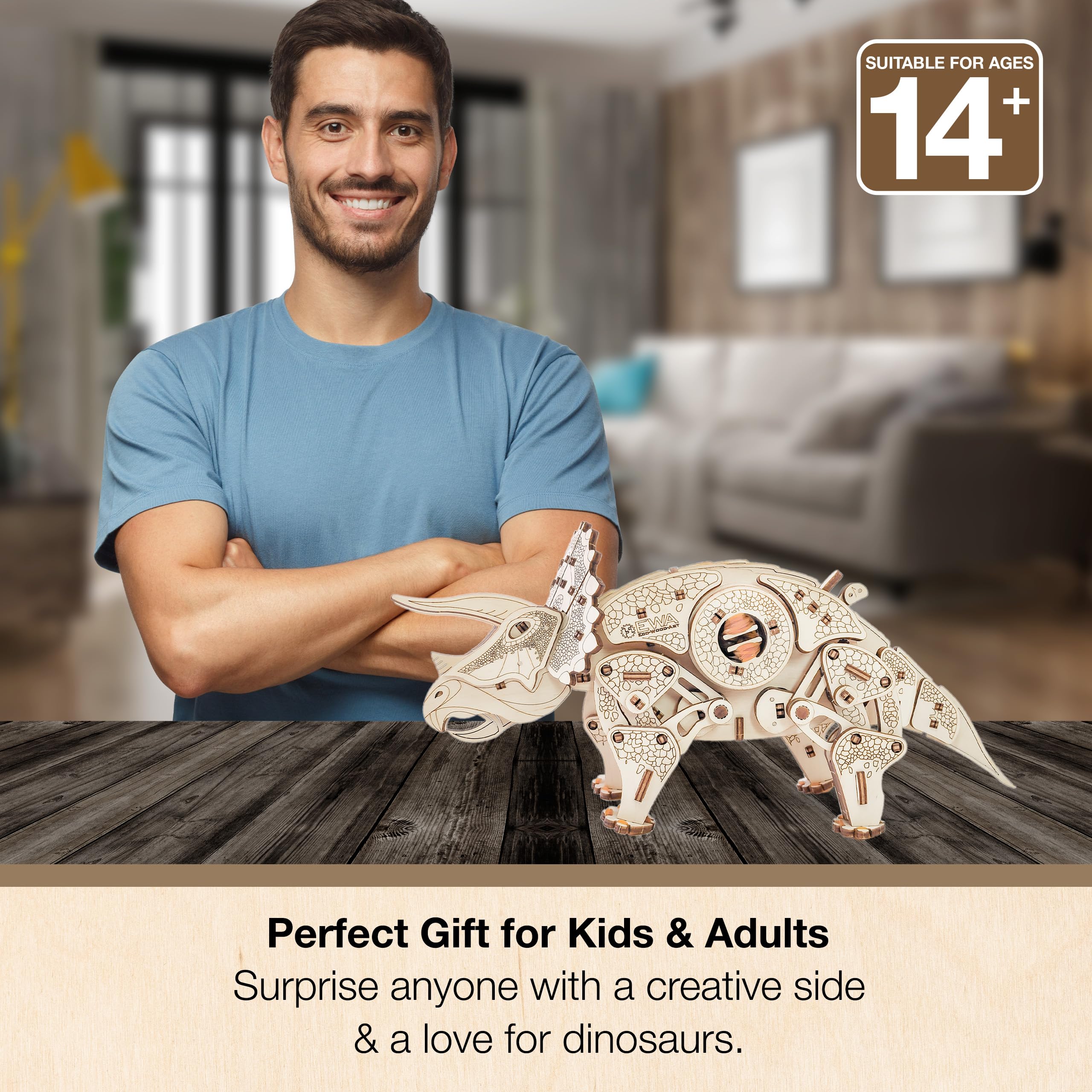 EWA Eco-Wood-Art - Triceratops de Dinosaurio - Rompecabezas mecánico 3D de Madera - Rompecabezas para Adultos y Adolescentes - Montaje sin Pegamento - 283 Piezas