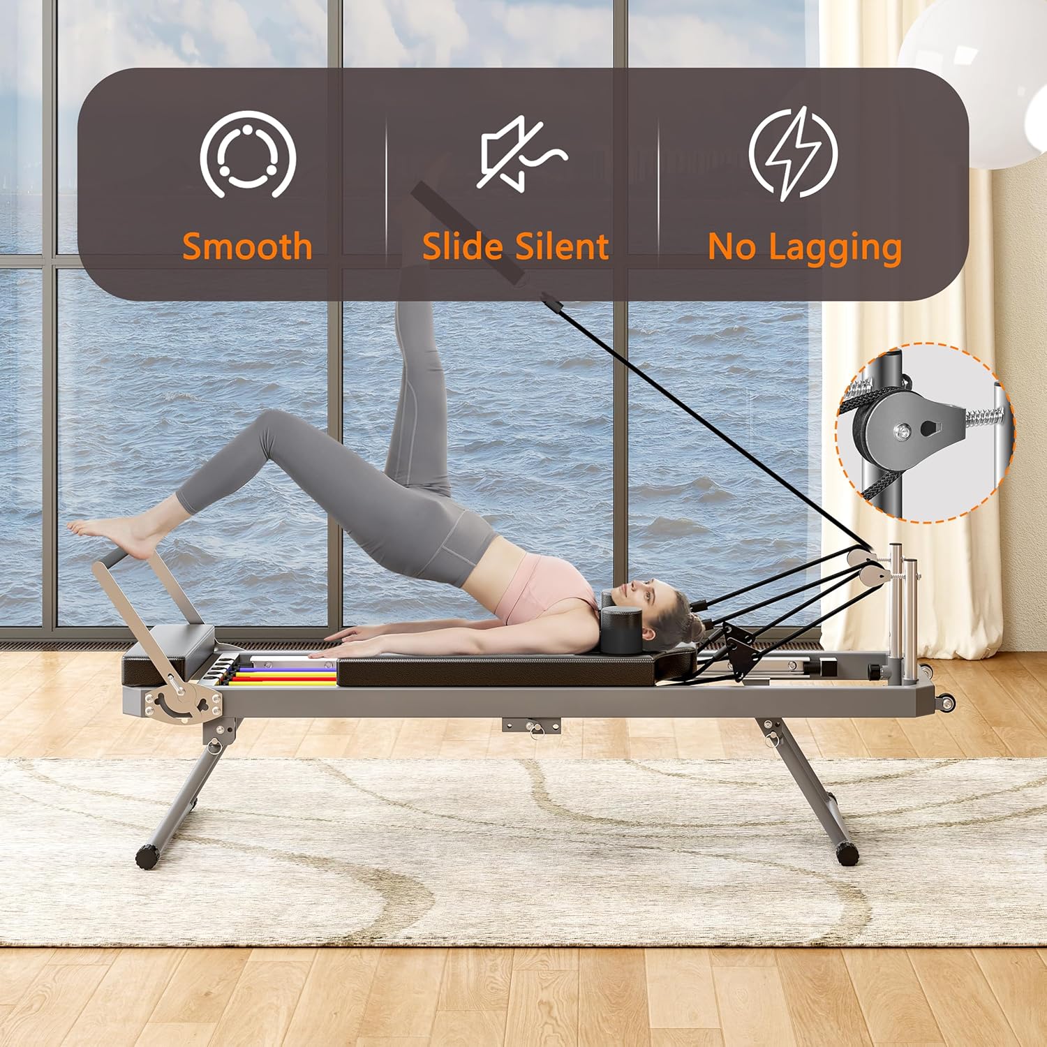 Foldable Pilates Core Bed - Reformer Pilates Machine for Home & Studio Use, 330.5 lbs Weight Capacity, Smooth Glide Rails, Dual Resistance with 5 Elastic Bands, High-Density Cushion,