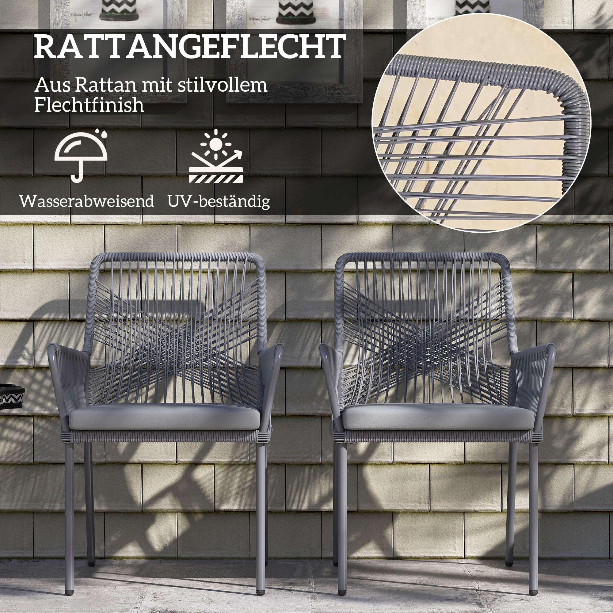Outsunny Gartenstuhl Armlehne Abnehmbare Rückenlehne 2er Set Dunkelgrau