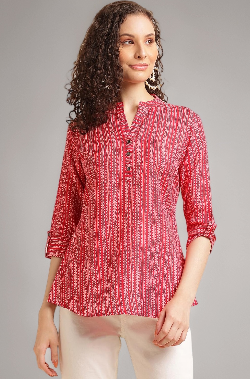 NAINVISH Tops for Women Printed Regular Fit Shirt, Tops for Women Stylish Latest|Office Wear Tops for Women|Cotton Blend Tops for Women|Mandarin Collar Top