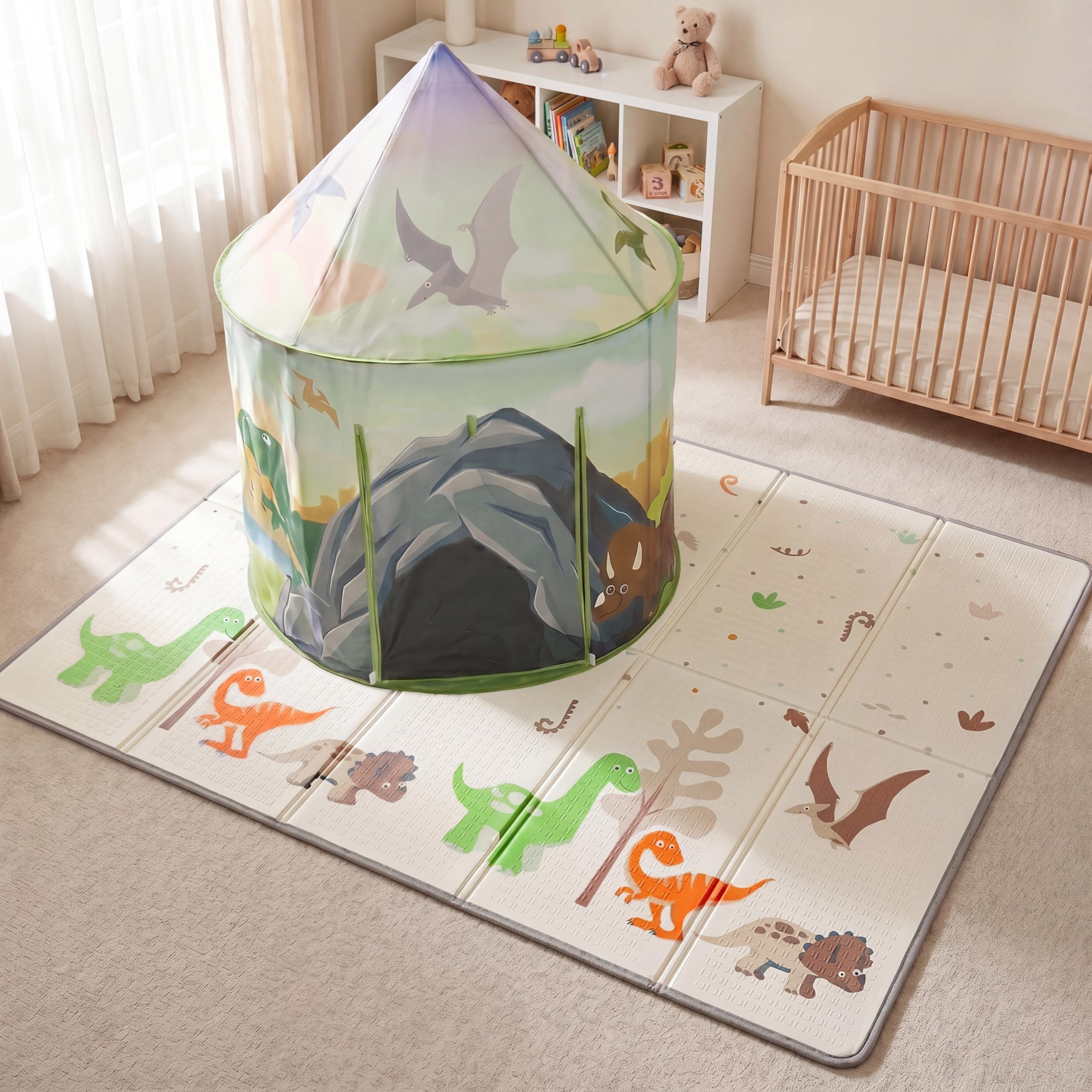 Kids Dinosaur Play Tent and Play Mat Set, Double Sided, Thick Foam, Antislip and Waterproof Play Mat & Matching Immersive Polyester Play Tent