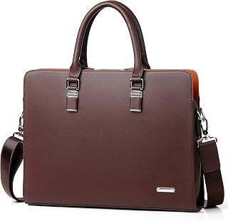 FSDWG Men's Leather Briefcase Laptop Bag - 15.6" Shoulder Business Bag, PU Leather, Fits A4 Files, Black Brown Blue