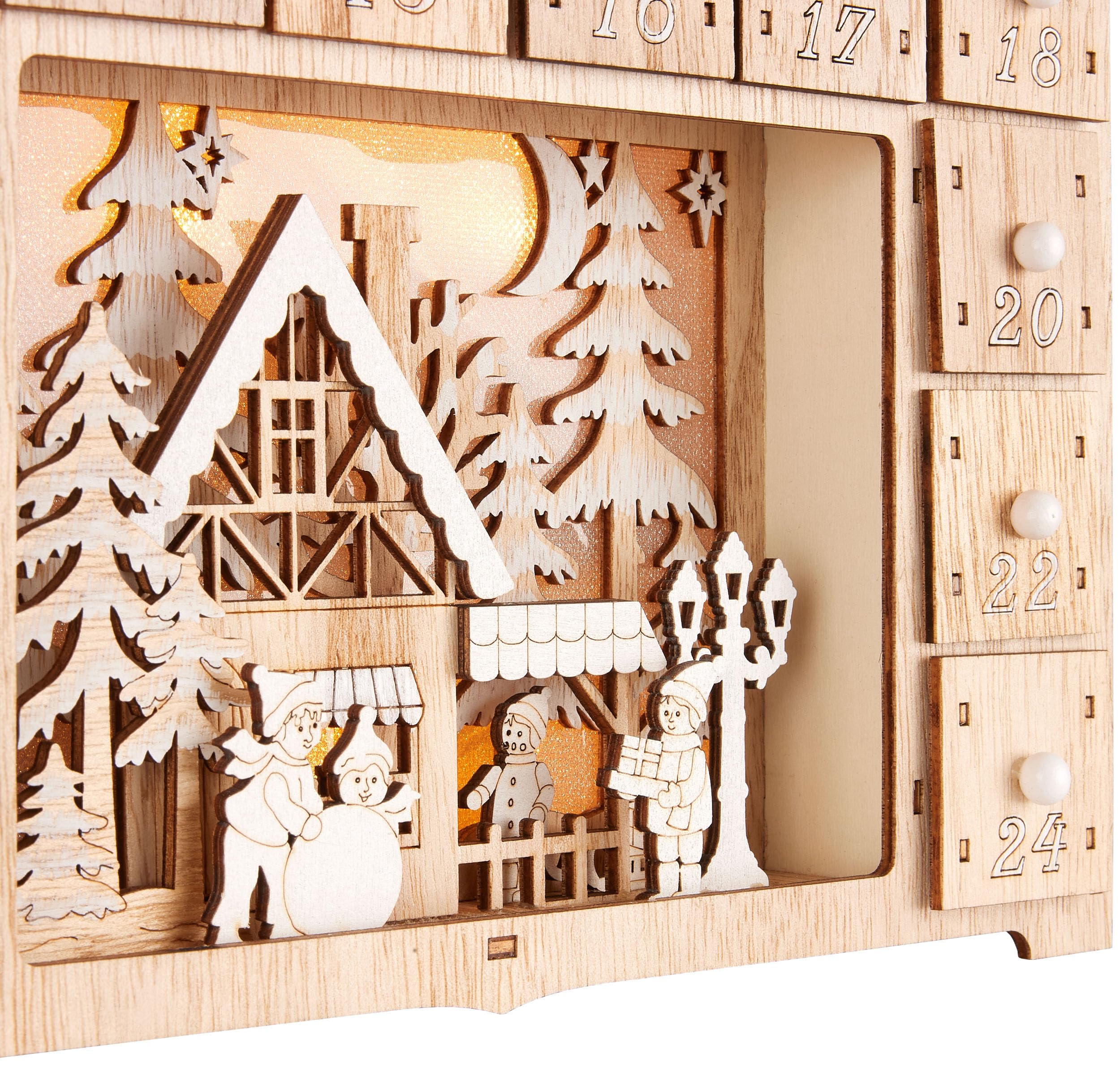 BRUBAKER Adventskalender zum Befüllen - Weihnachtshaus 2026 | Weihnachtskalender aus Holz mit LED Beleuchtung - Rentiere im Wald, Schnee Dorf mit Kindern - 40 cm Haus Kalender Beleuchtet